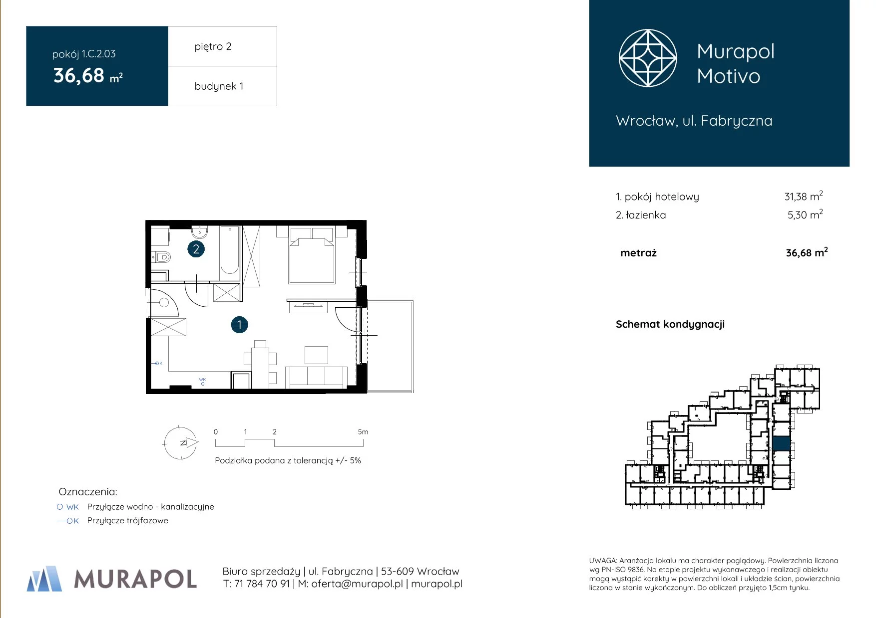 1 pokój, apartament inwestycyjny 36,68 m², piętro 2, oferta nr 1.C.2.03, Murapol Motivo, Wrocław, Muchobór Mały, Fabryczna, ul. Fabryczna