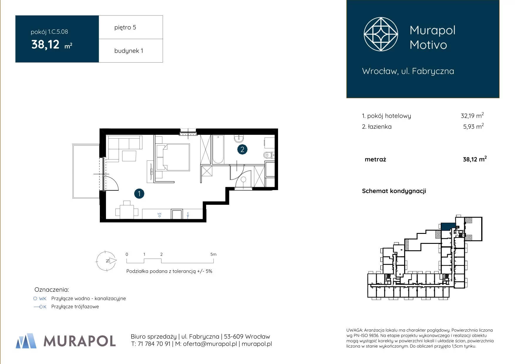 Apartament inwestycyjny 38,12 m², piętro 5, oferta nr 1.C.5.08, Murapol Motivo, Wrocław, Muchobór Mały, Fabryczna, ul. Fabryczna