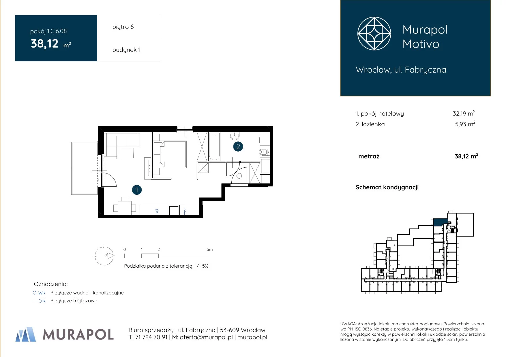 Apartament inwestycyjny 38,12 m², piętro 6, oferta nr 1.C.6.08, Murapol Motivo, Wrocław, Muchobór Mały, Fabryczna, ul. Fabryczna