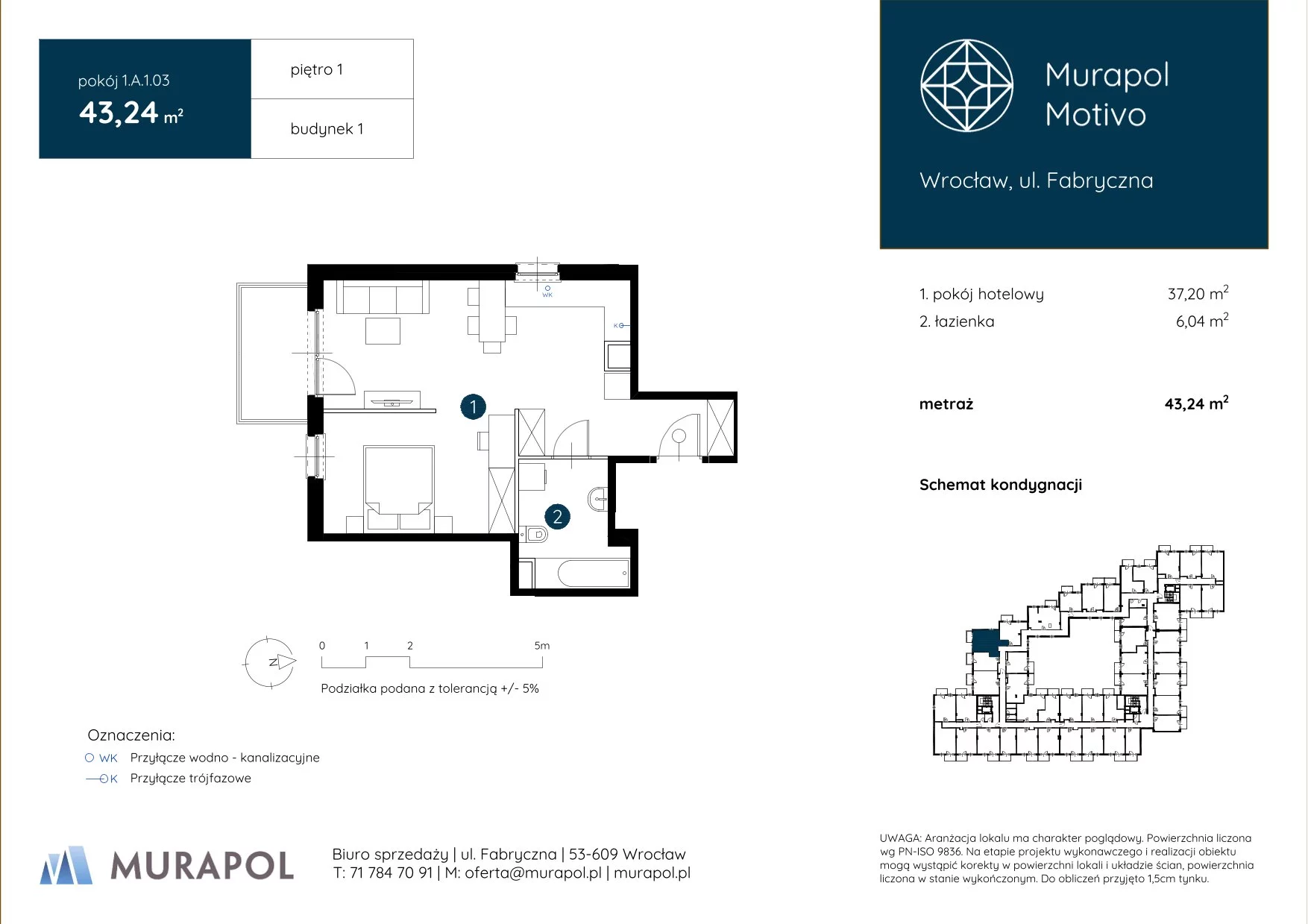 1 pokój, apartament inwestycyjny 43,24 m², piętro 1, oferta nr 1.A.1.03, Murapol Motivo, Wrocław, Muchobór Mały, Fabryczna, ul. Fabryczna