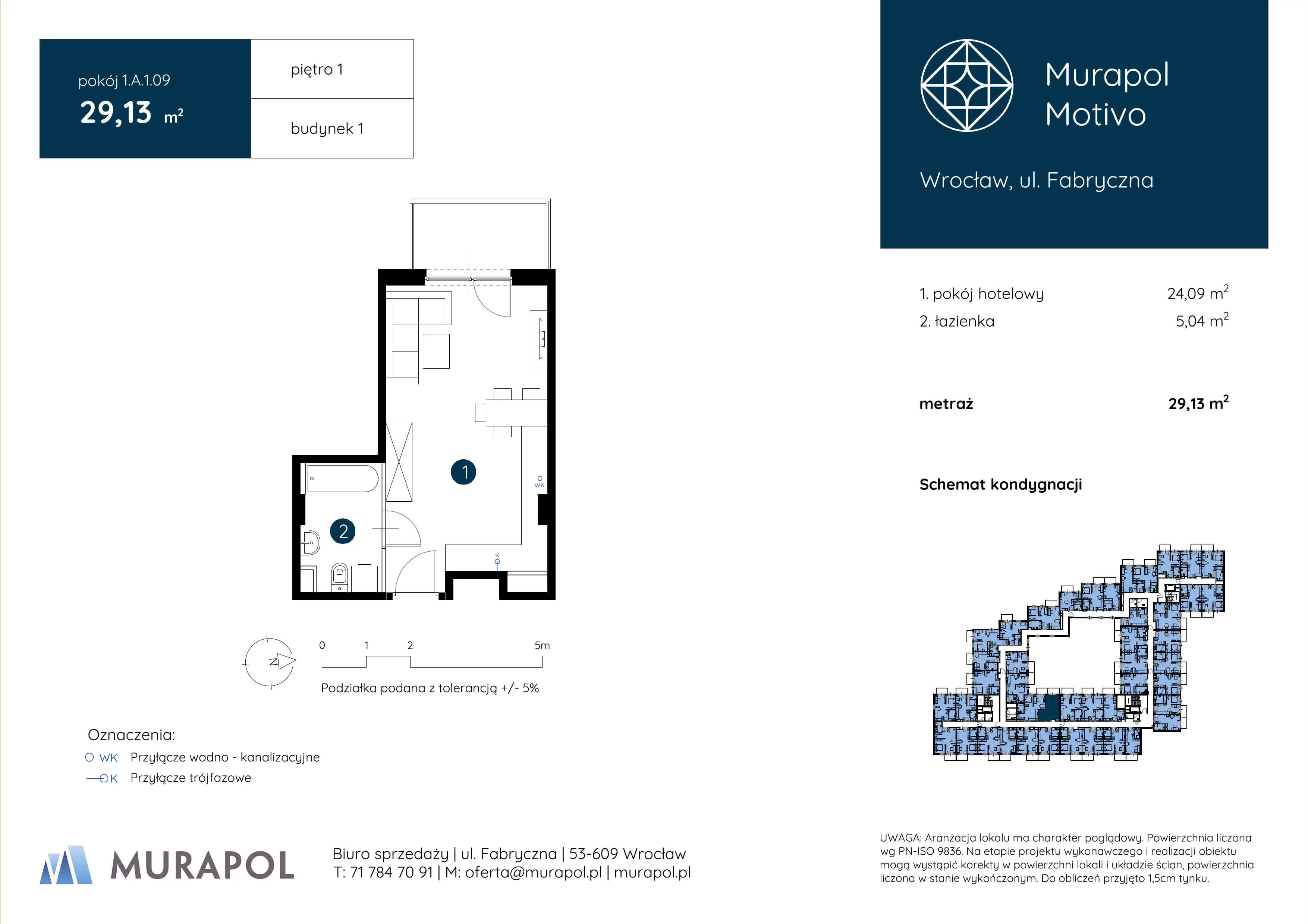 1 pokój, apartament inwestycyjny 29,13 m², piętro 1, oferta nr 1.A.1.09, Murapol Motivo, Wrocław, Muchobór Mały, Fabryczna, ul. Fabryczna