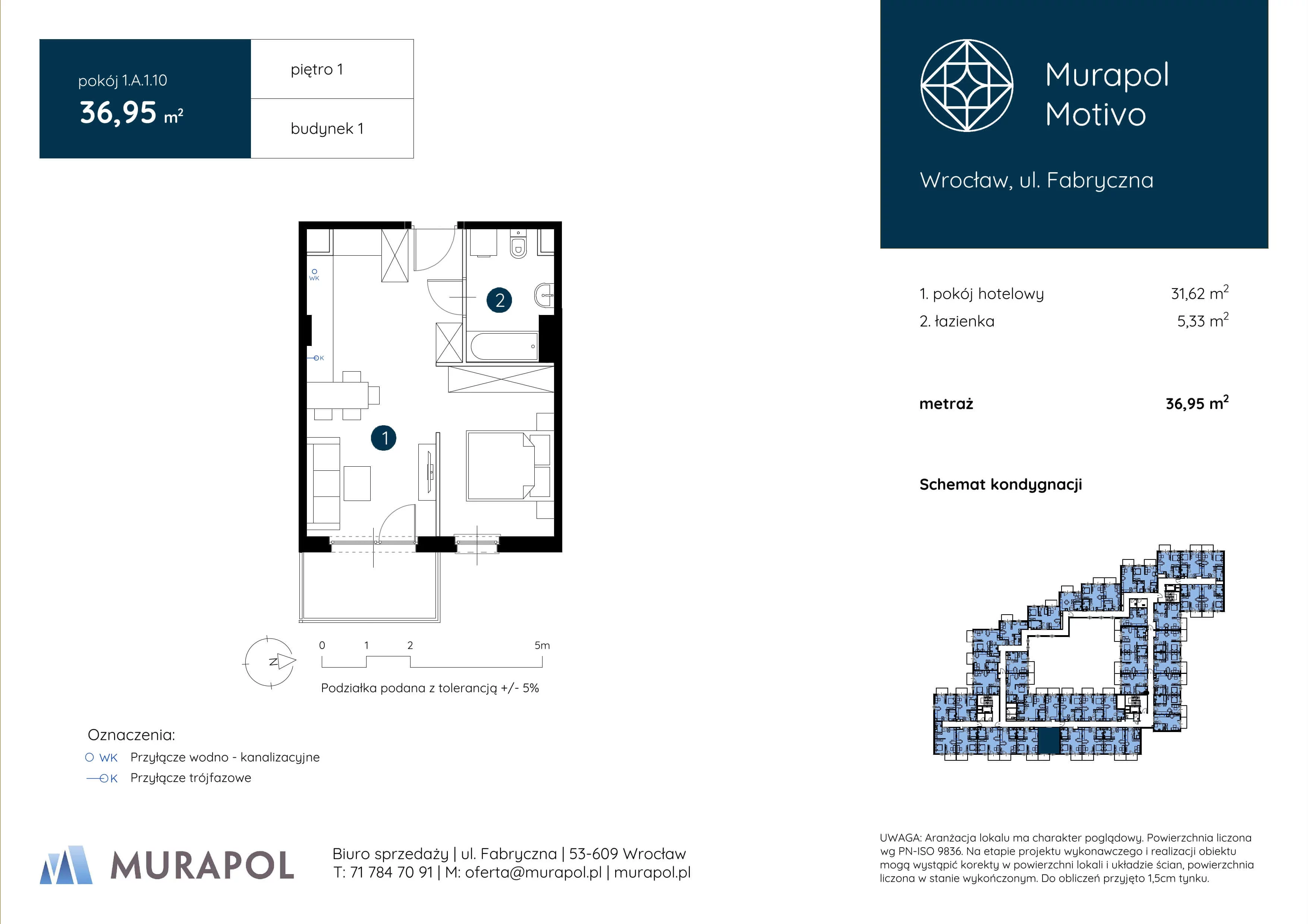 1 pokój, apartament inwestycyjny 36,95 m², piętro 1, oferta nr 1.A.1.10, Murapol Motivo, Wrocław, Muchobór Mały, Fabryczna, ul. Fabryczna