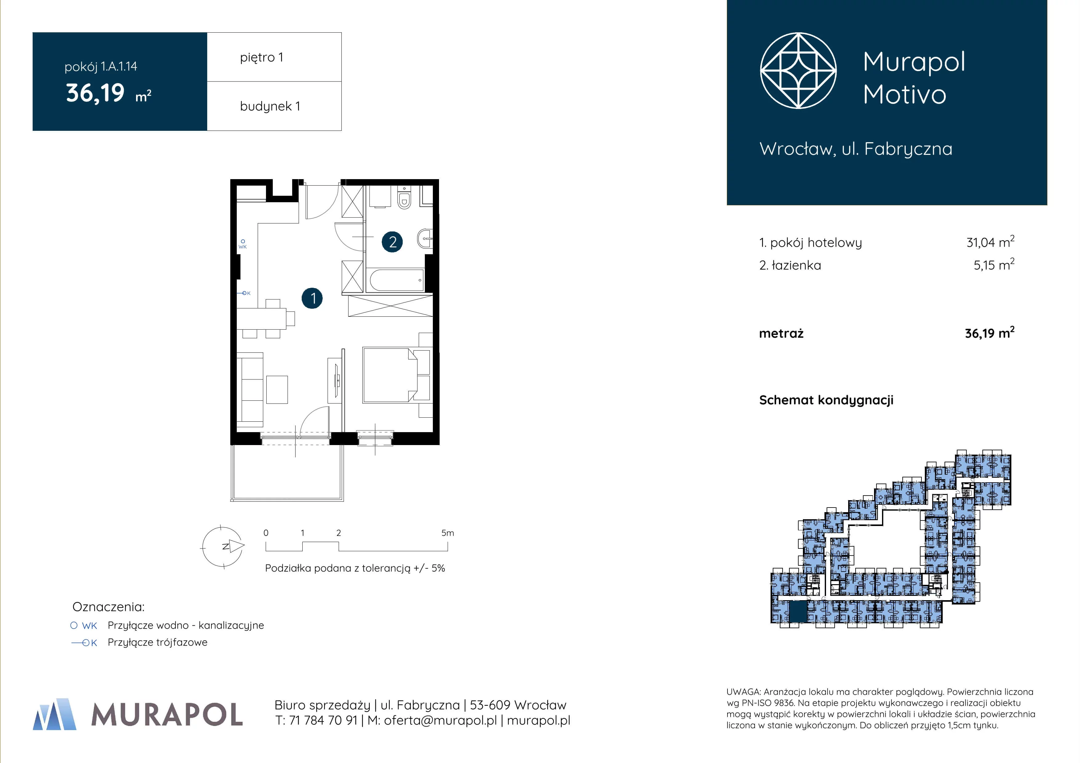 1 pokój, apartament inwestycyjny 36,19 m², piętro 1, oferta nr 1.A.1.14, Murapol Motivo, Wrocław, Muchobór Mały, Fabryczna, ul. Fabryczna