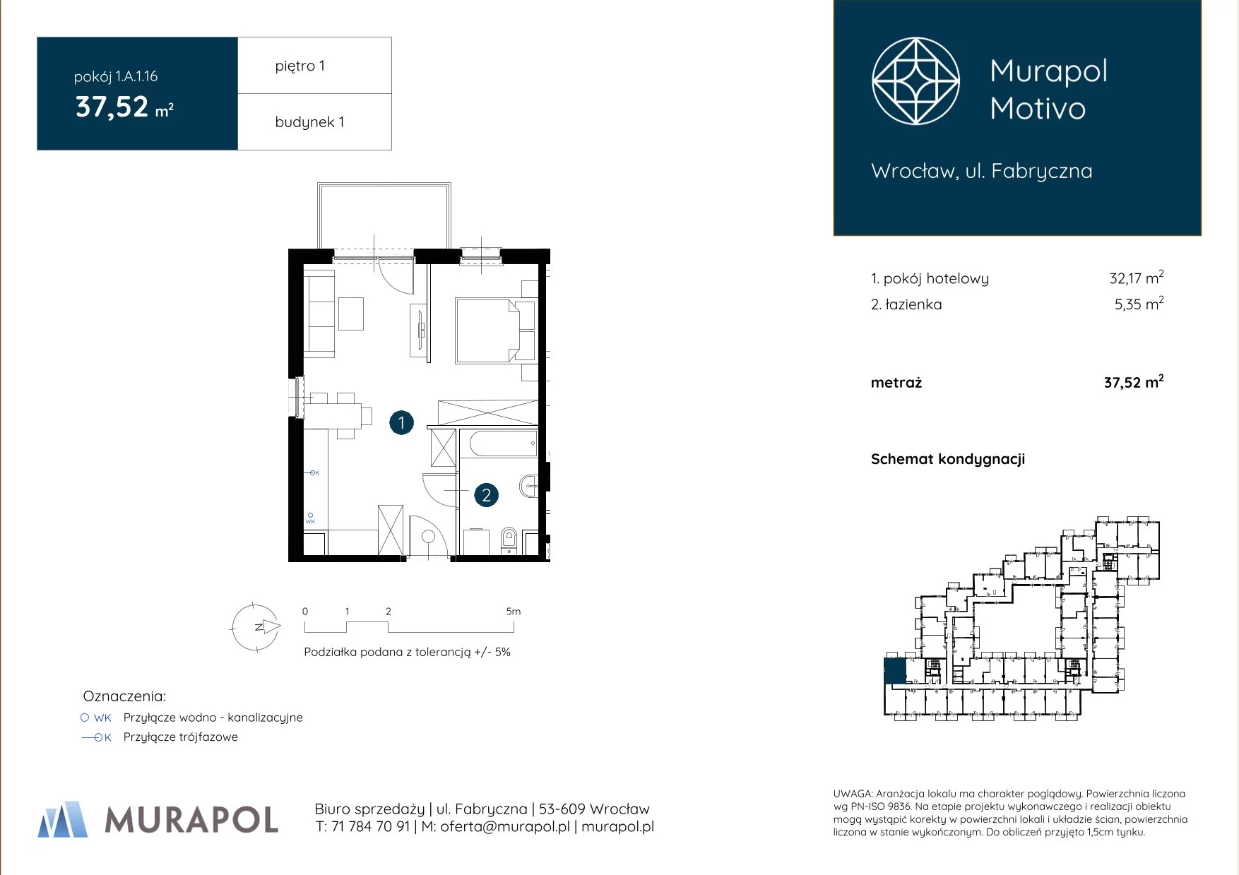 1 pokój, apartament inwestycyjny 37,52 m², piętro 1, oferta nr 1.A.1.16, Murapol Motivo, Wrocław, Muchobór Mały, Fabryczna, ul. Fabryczna