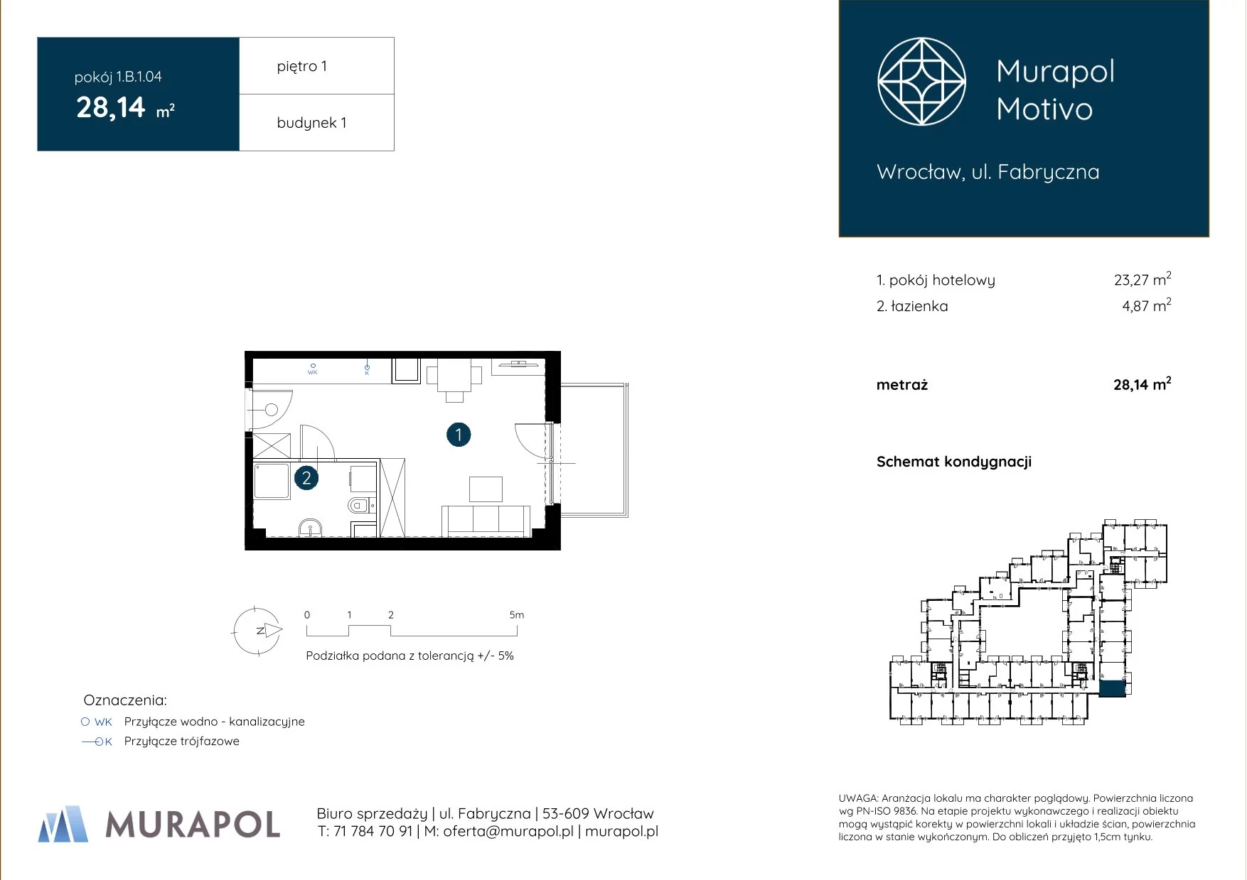 1 pokój, apartament inwestycyjny 28,14 m², piętro 1, oferta nr 1.B.1.04, Murapol Motivo, Wrocław, Muchobór Mały, Fabryczna, ul. Fabryczna