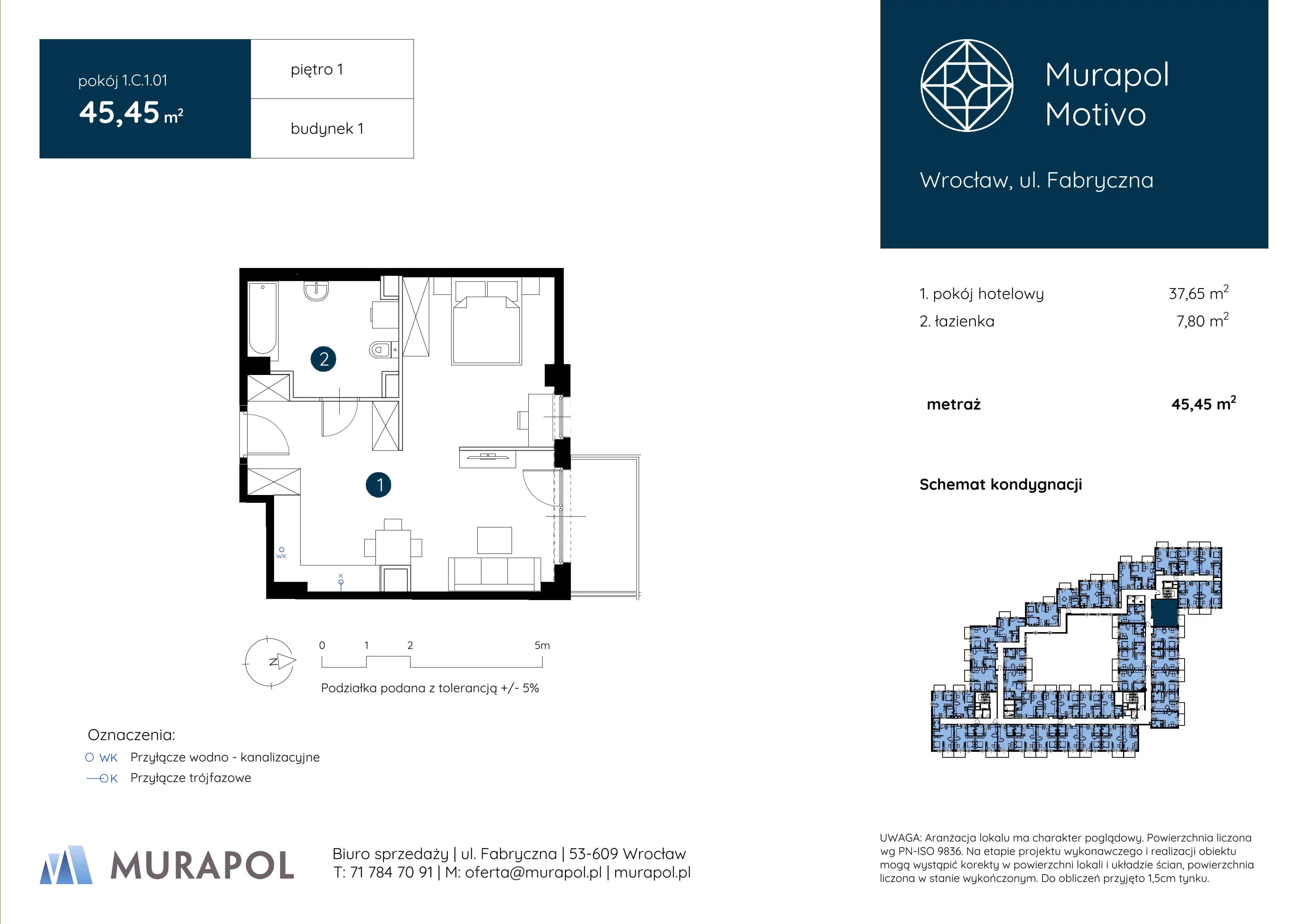 1 pokój, apartament inwestycyjny 45,45 m², piętro 1, oferta nr 1.C.1.01, Murapol Motivo, Wrocław, Muchobór Mały, Fabryczna, ul. Fabryczna