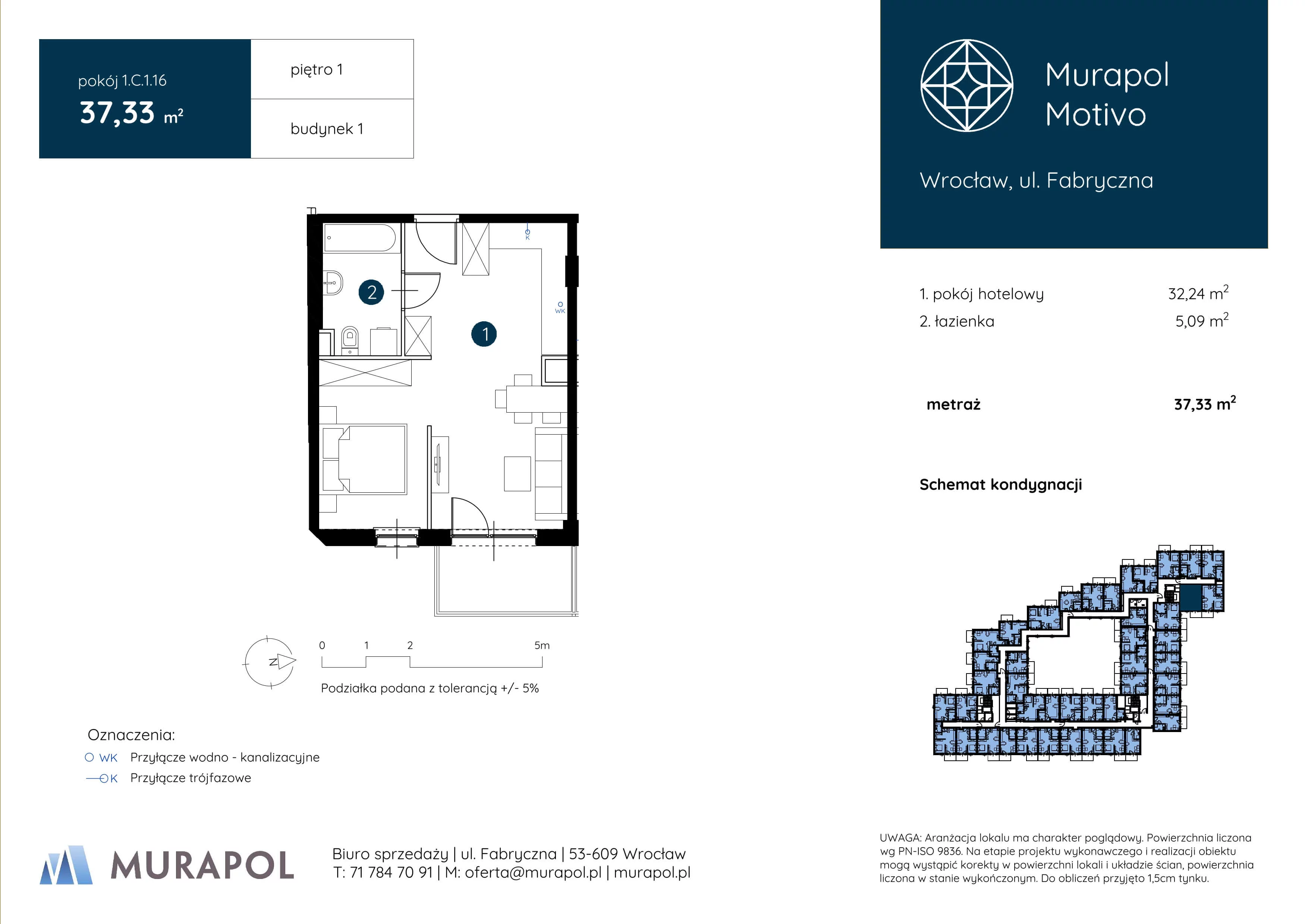 1 pokój, apartament inwestycyjny 37,33 m², piętro 1, oferta nr 1.C.1.16, Murapol Motivo, Wrocław, Muchobór Mały, Fabryczna, ul. Fabryczna