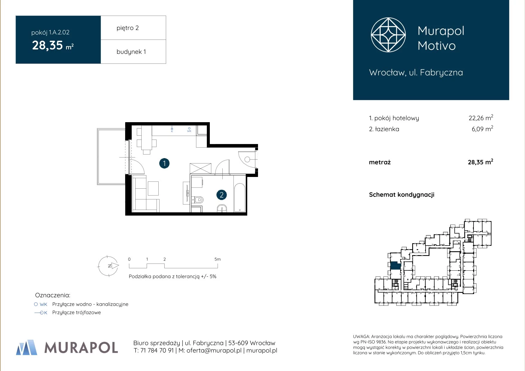 1 pokój, apartament inwestycyjny 28,35 m², piętro 2, oferta nr 1.A.2.02, Murapol Motivo, Wrocław, Muchobór Mały, Fabryczna, ul. Fabryczna