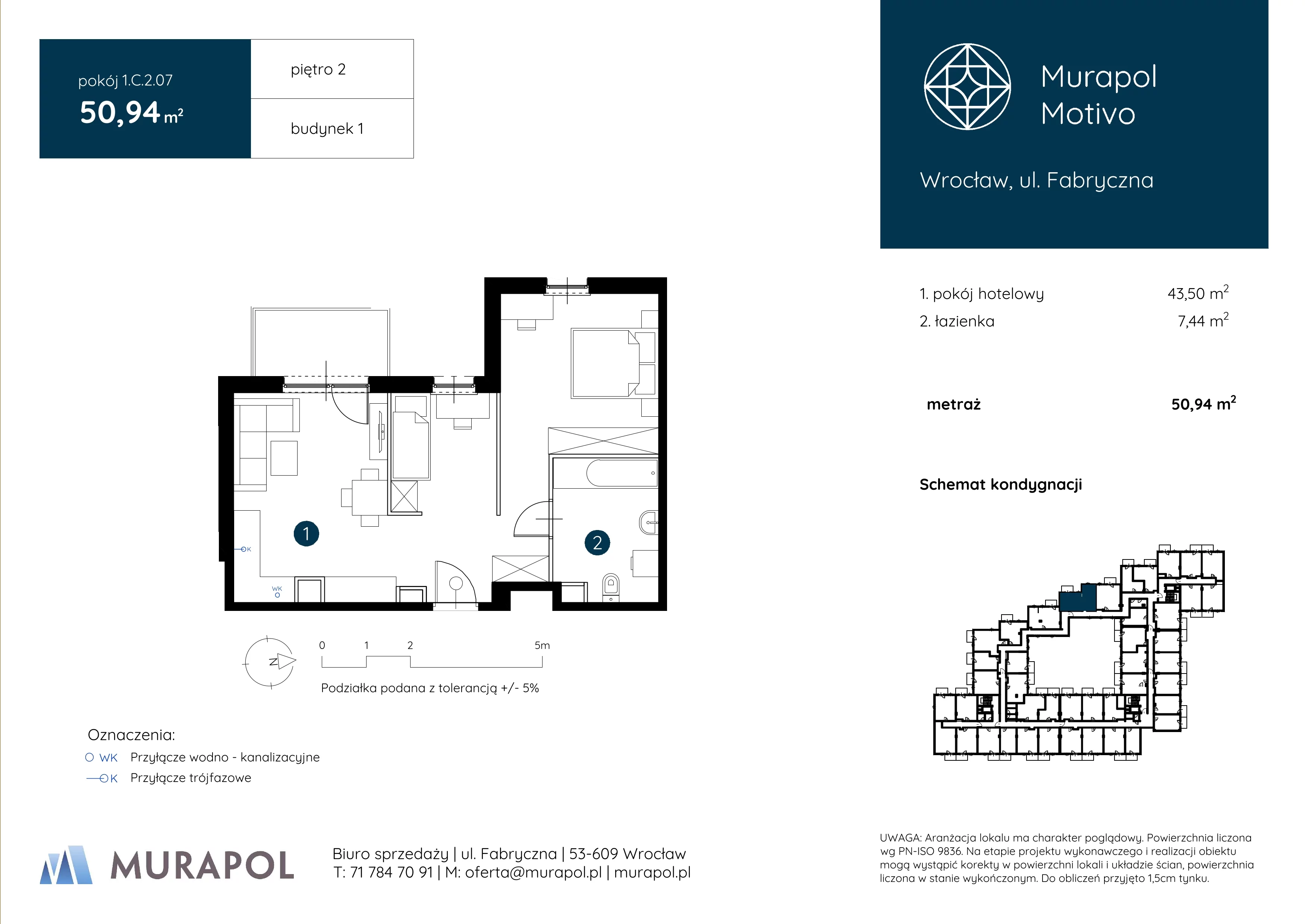 1 pokój, apartament inwestycyjny 50,94 m², piętro 2, oferta nr 1.C.2.07, Murapol Motivo, Wrocław, Muchobór Mały, Fabryczna, ul. Fabryczna