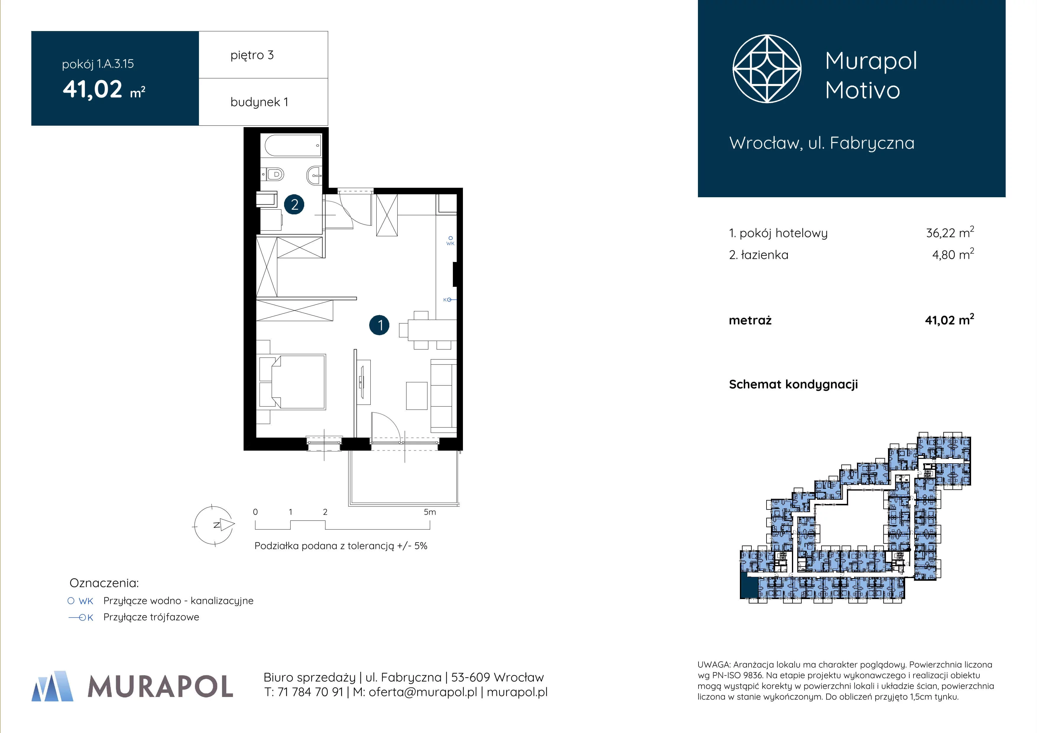 1 pokój, apartament inwestycyjny 41,02 m², piętro 3, oferta nr 1.A.3.15, Murapol Motivo, Wrocław, Muchobór Mały, Fabryczna, ul. Fabryczna