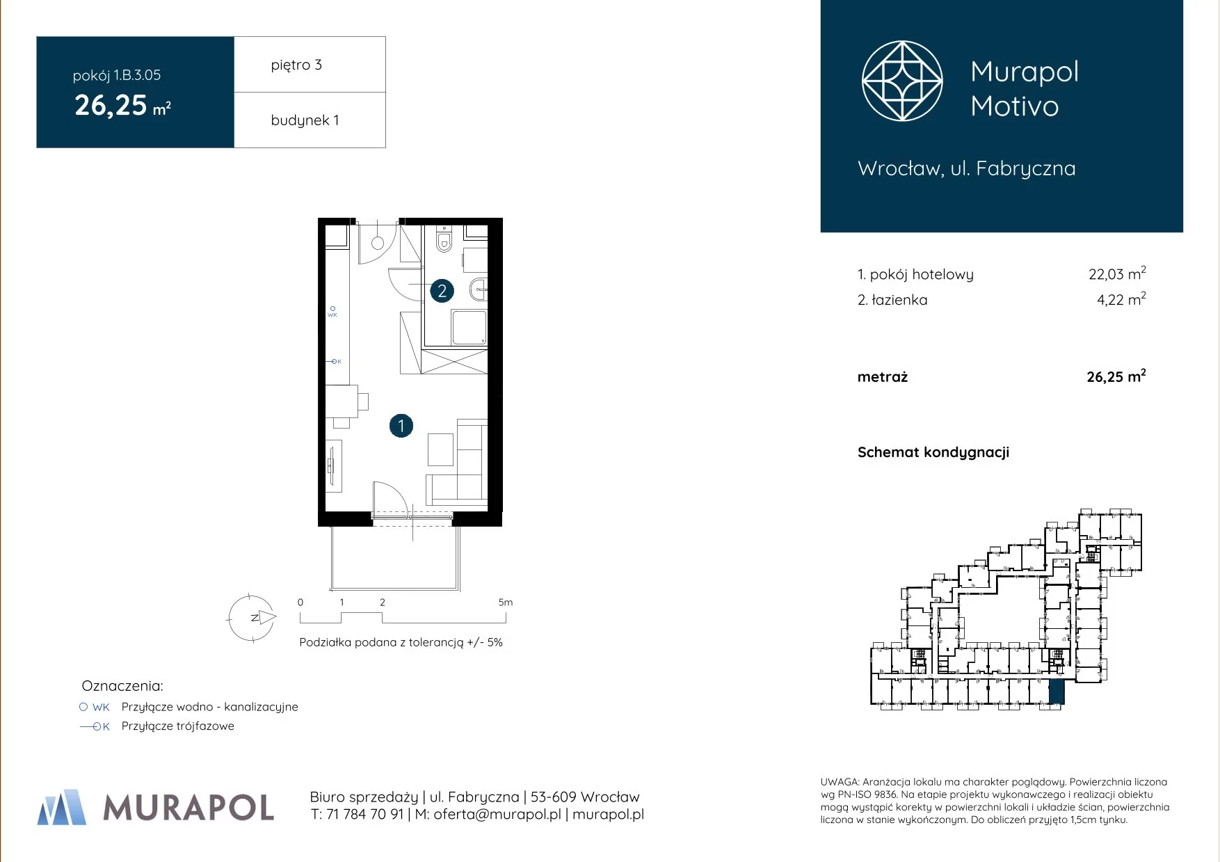 1 pokój, apartament inwestycyjny 26,25 m², piętro 3, oferta nr 1.B.3.05, Murapol Motivo, Wrocław, Muchobór Mały, Fabryczna, ul. Fabryczna
