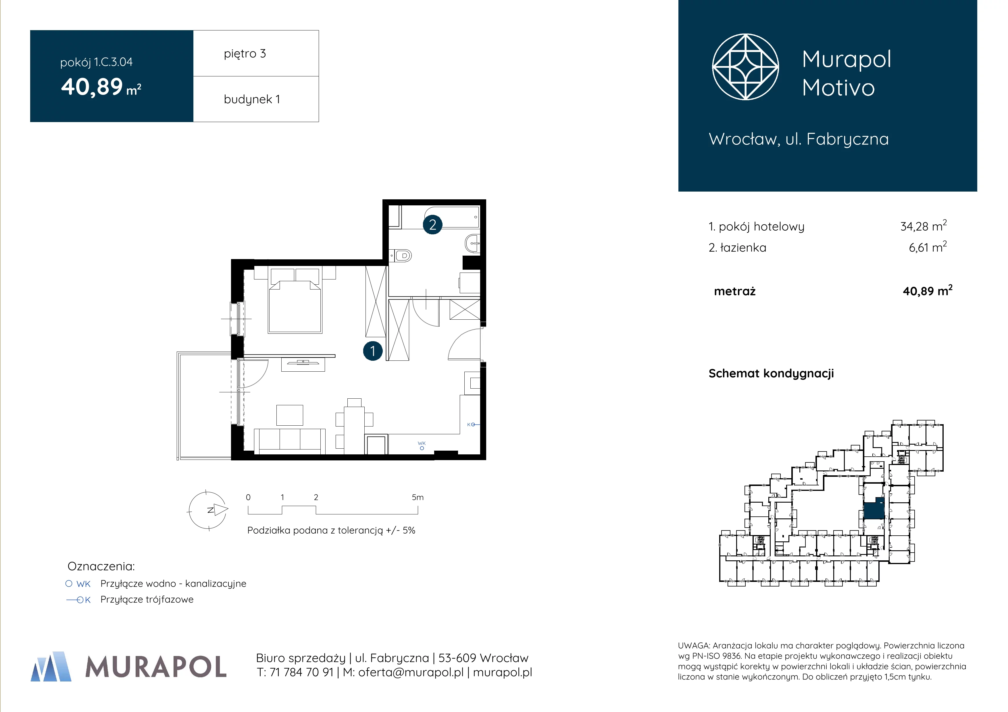 1 pokój, apartament inwestycyjny 40,89 m², piętro 3, oferta nr 1.C.3.04, Murapol Motivo, Wrocław, Muchobór Mały, Fabryczna, ul. Fabryczna