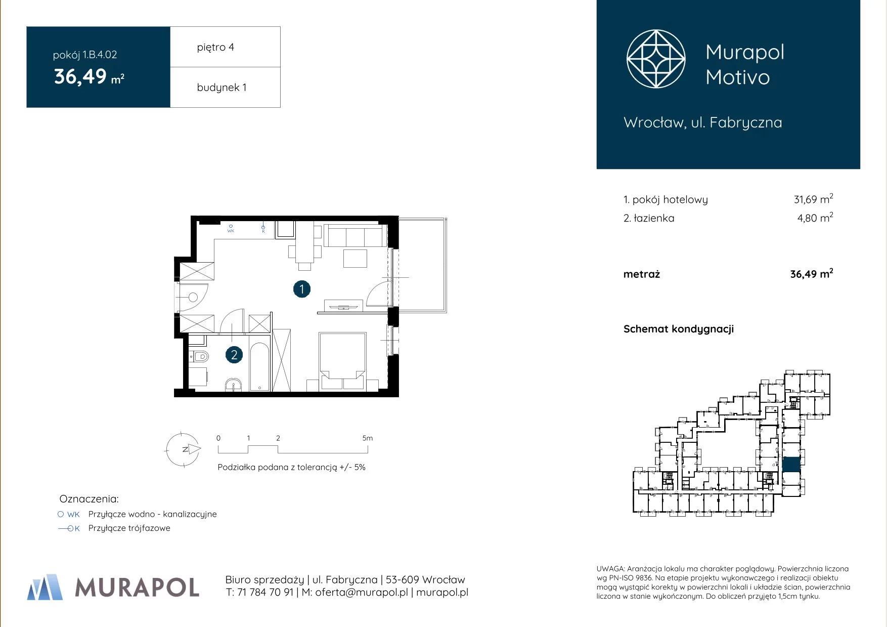 1 pokój, apartament inwestycyjny 36,49 m², piętro 4, oferta nr 1.B.4.02, Murapol Motivo, Wrocław, Muchobór Mały, Fabryczna, ul. Fabryczna