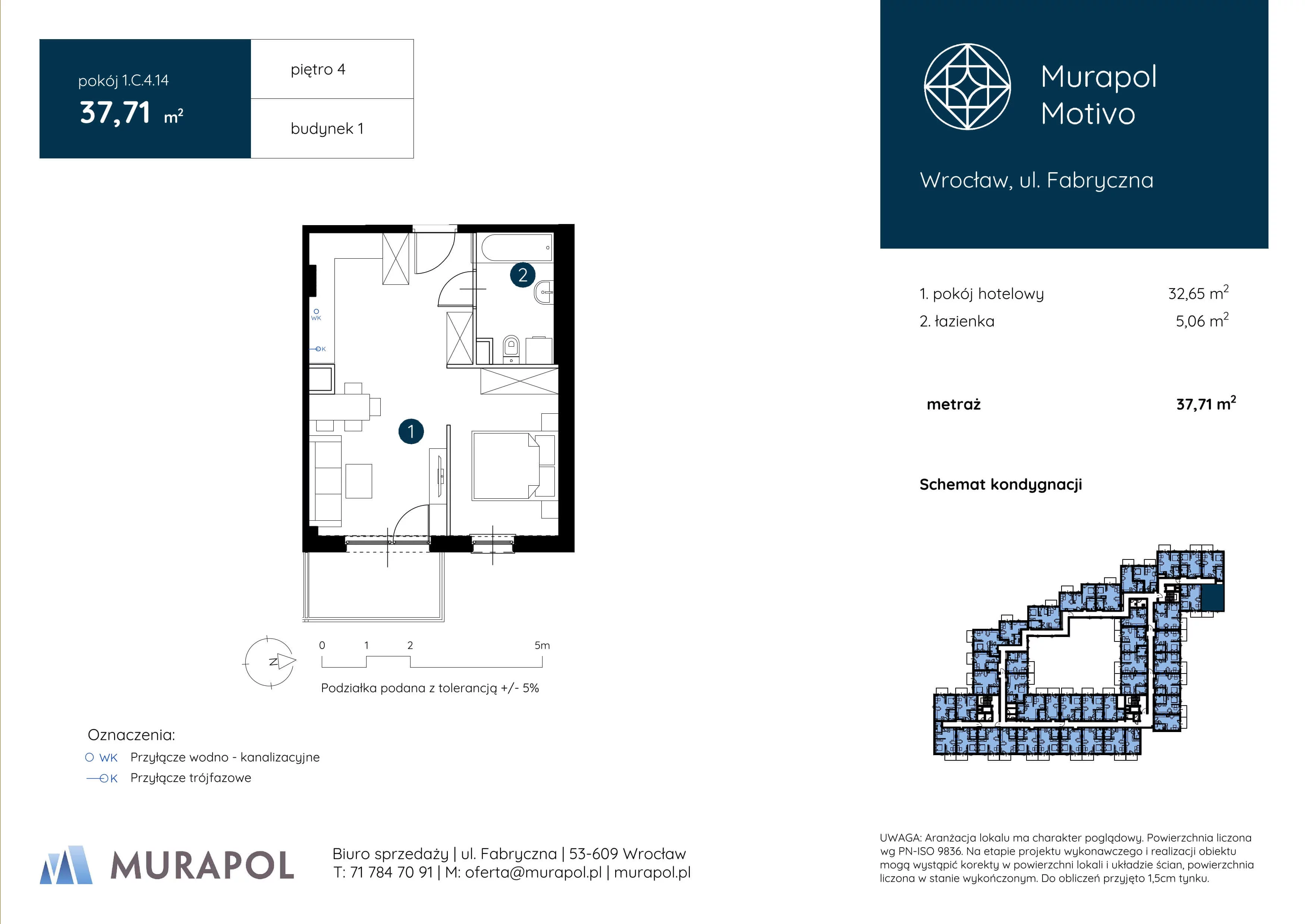 1 pokój, apartament inwestycyjny 37,71 m², piętro 4, oferta nr 1.C.4.14, Murapol Motivo, Wrocław, Muchobór Mały, Fabryczna, ul. Fabryczna