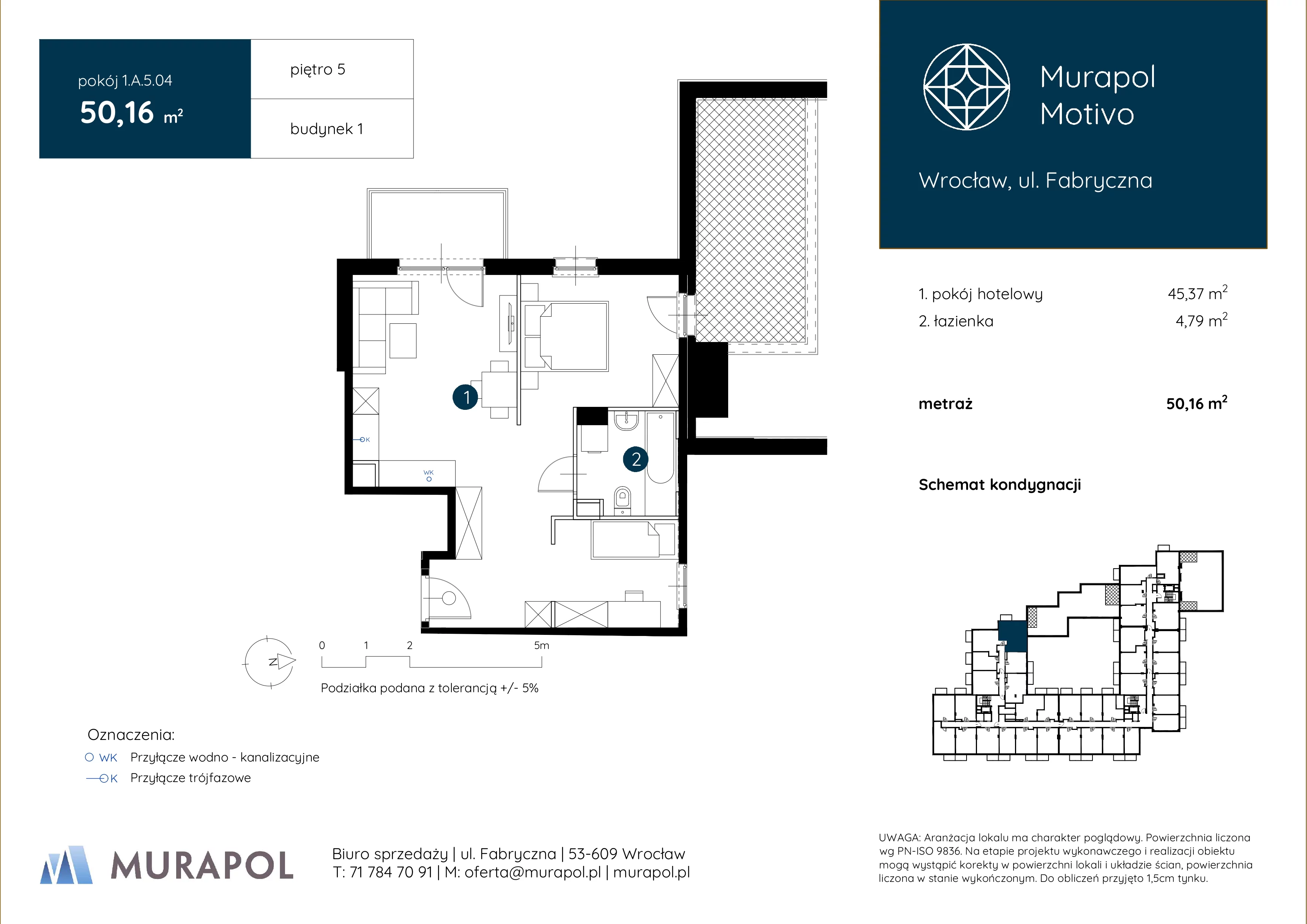 1 pokój, apartament inwestycyjny 50,16 m², piętro 5, oferta nr 1.A.5.04, Murapol Motivo, Wrocław, Muchobór Mały, Fabryczna, ul. Fabryczna