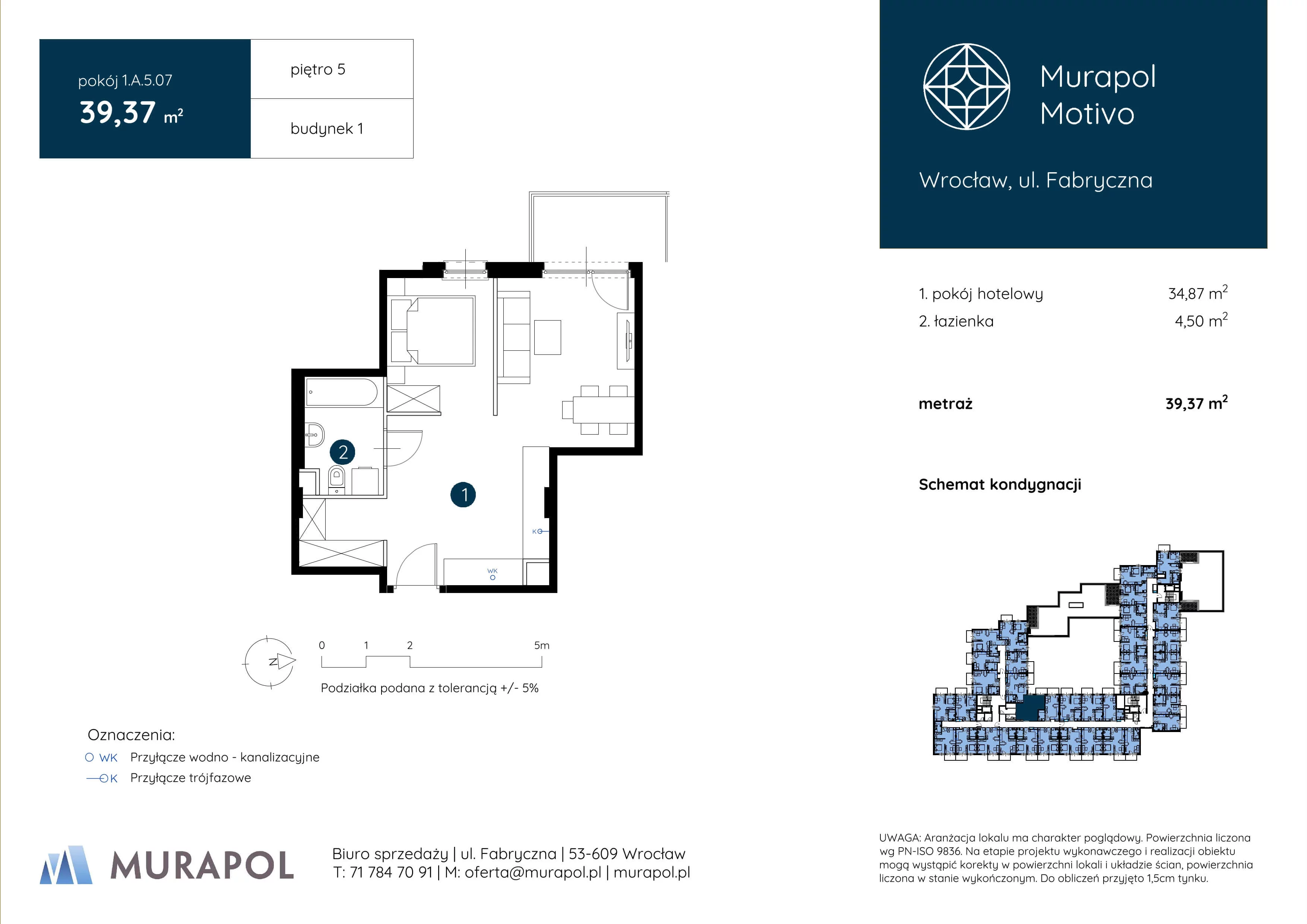 1 pokój, apartament inwestycyjny 39,37 m², piętro 5, oferta nr 1.A.5.07, Murapol Motivo, Wrocław, Muchobór Mały, Fabryczna, ul. Fabryczna