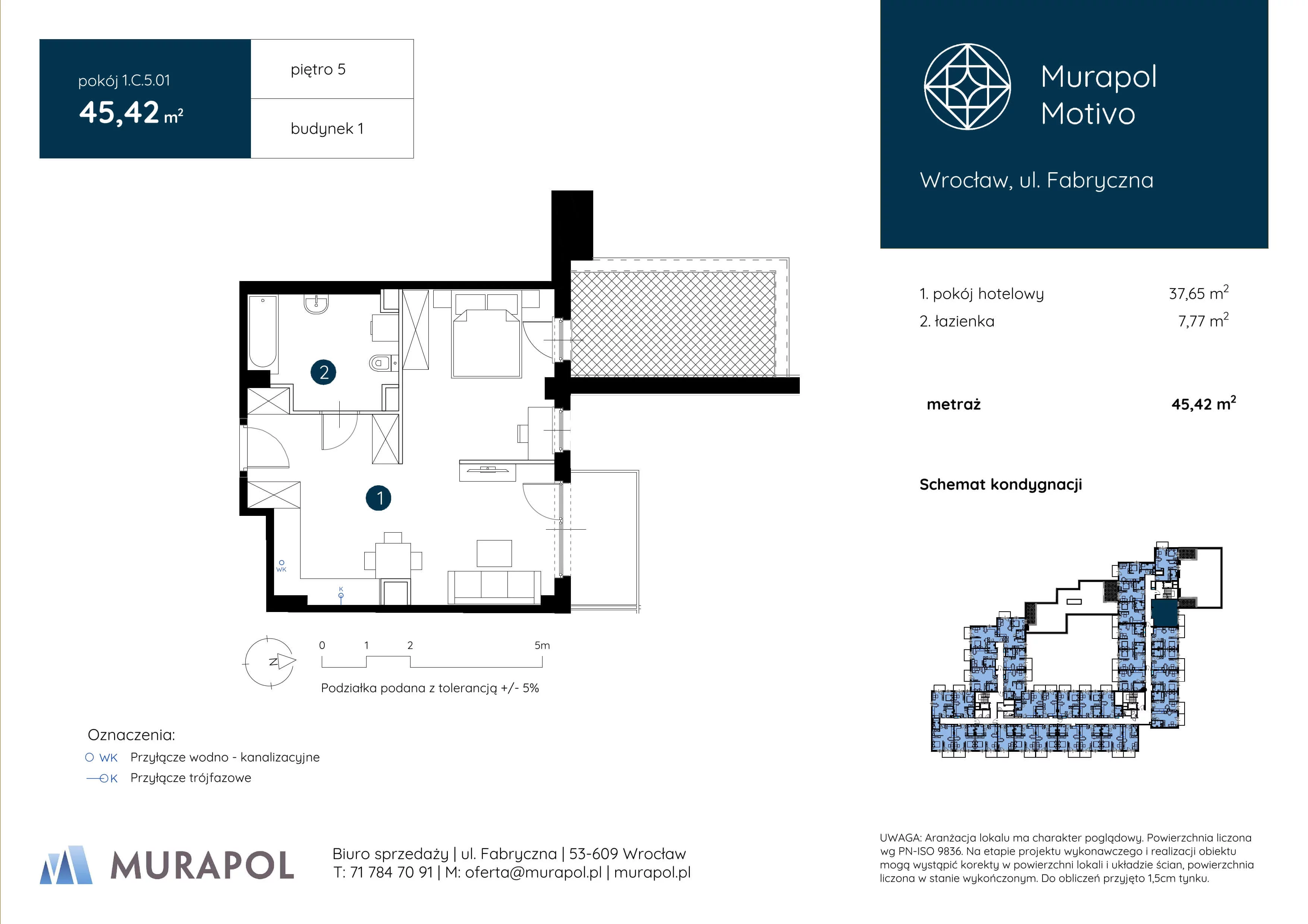 1 pokój, apartament inwestycyjny 45,42 m², piętro 5, oferta nr 1.C.5.01, Murapol Motivo, Wrocław, Muchobór Mały, Fabryczna, ul. Fabryczna