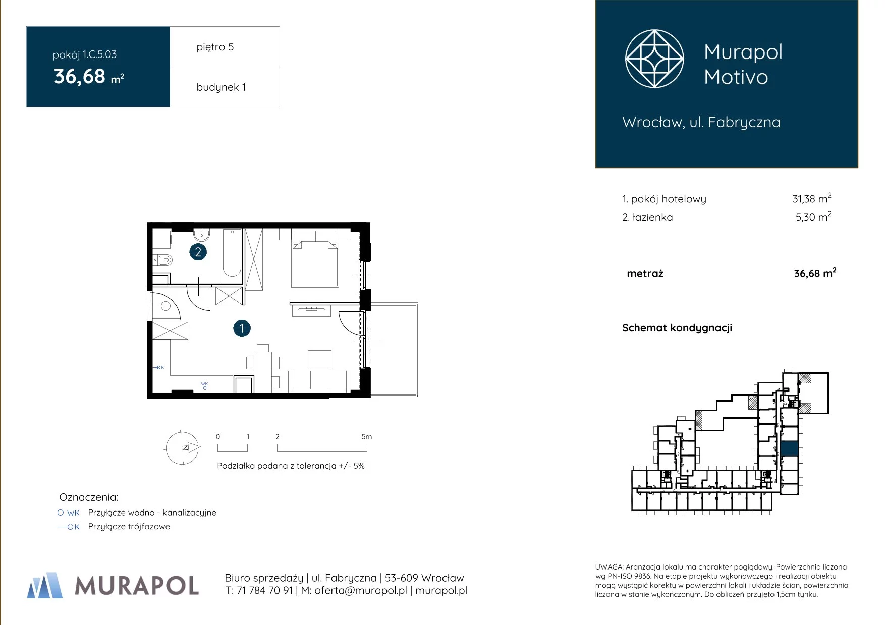 1 pokój, apartament inwestycyjny 36,68 m², piętro 5, oferta nr 1.C.5.03, Murapol Motivo, Wrocław, Muchobór Mały, Fabryczna, ul. Fabryczna