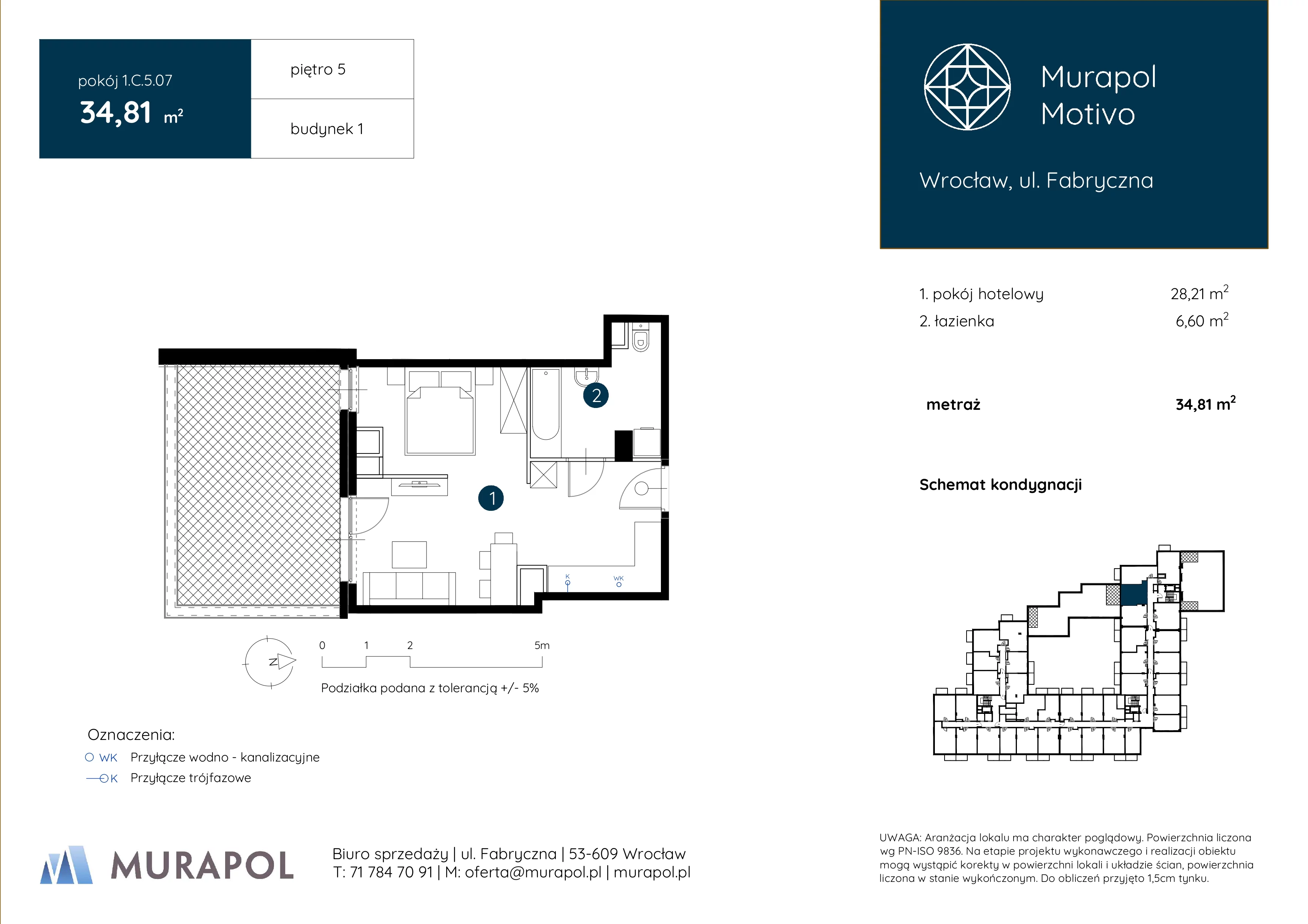 1 pokój, apartament inwestycyjny 34,81 m², piętro 5, oferta nr 1.C.5.07, Murapol Motivo, Wrocław, Muchobór Mały, Fabryczna, ul. Fabryczna