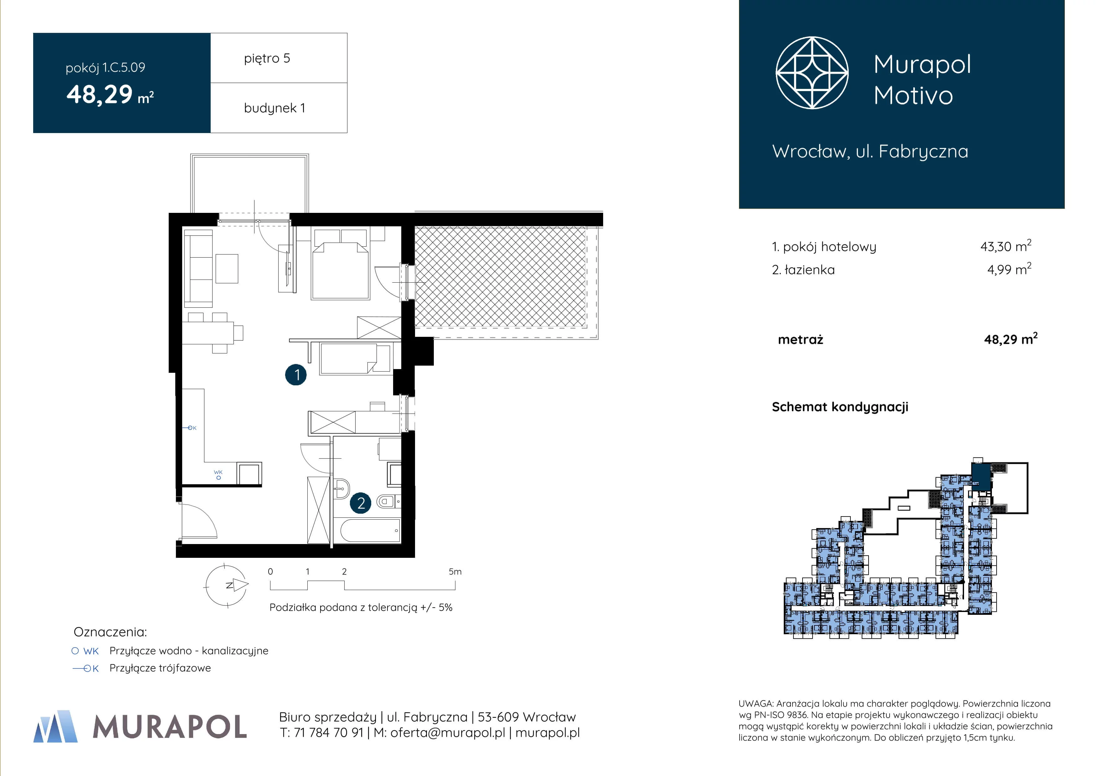 1 pokój, apartament inwestycyjny 48,29 m², piętro 5, oferta nr 1.C.5.09, Murapol Motivo, Wrocław, Muchobór Mały, Fabryczna, ul. Fabryczna