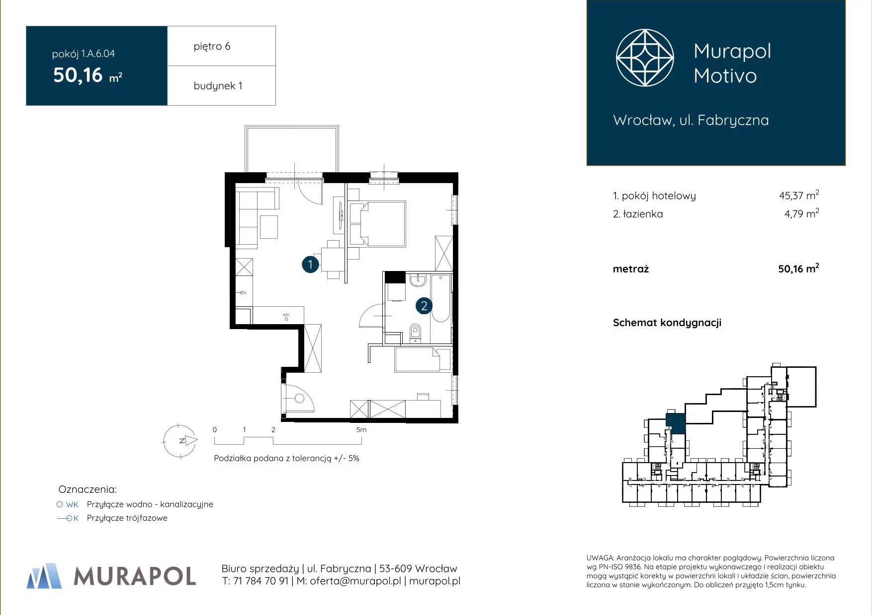1 pokój, apartament inwestycyjny 50,16 m², piętro 6, oferta nr 1.A.6.04, Murapol Motivo, Wrocław, Muchobór Mały, Fabryczna, ul. Fabryczna