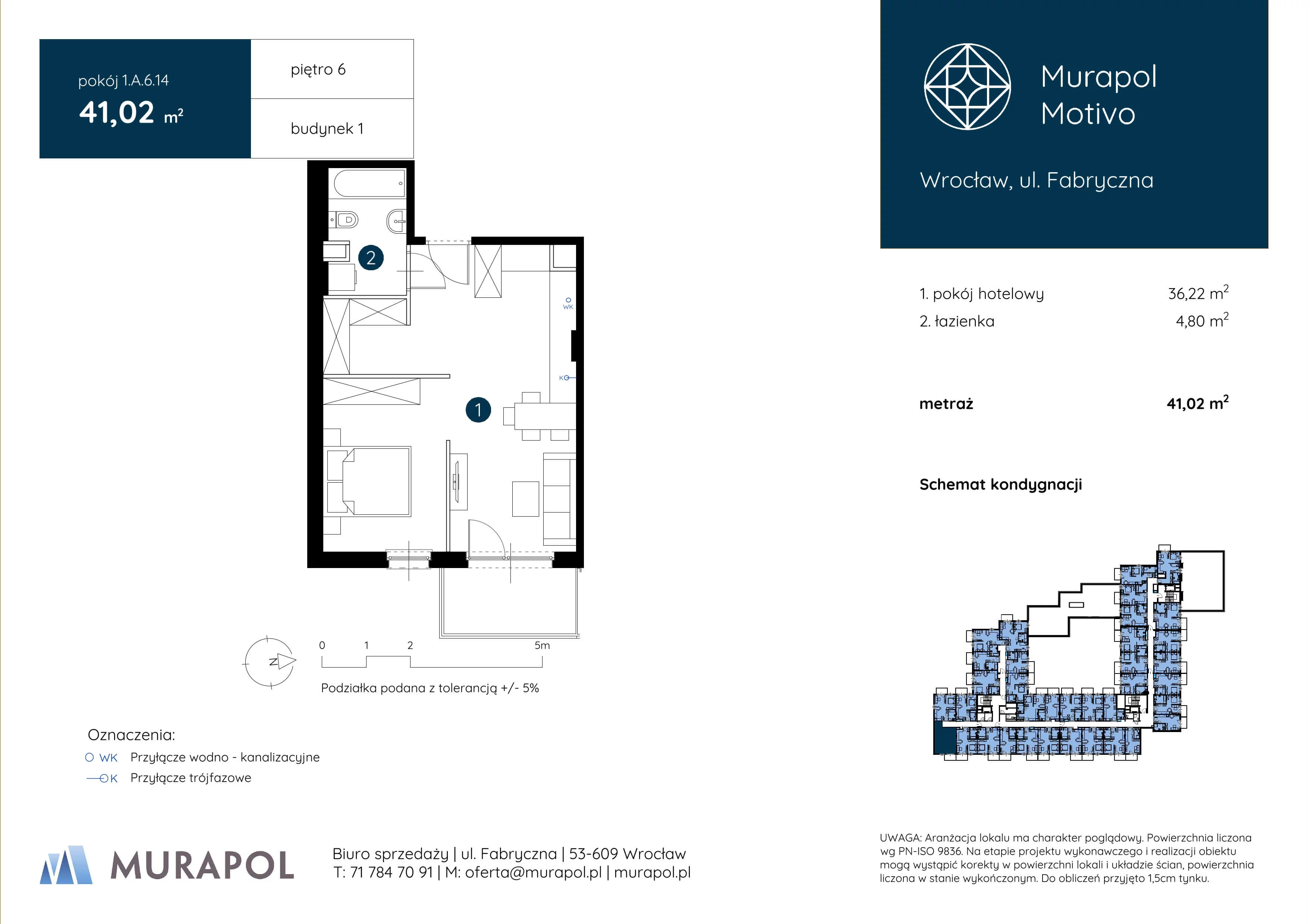 1 pokój, apartament inwestycyjny 41,02 m², piętro 6, oferta nr 1.A.6.14, Murapol Motivo, Wrocław, Muchobór Mały, Fabryczna, ul. Fabryczna