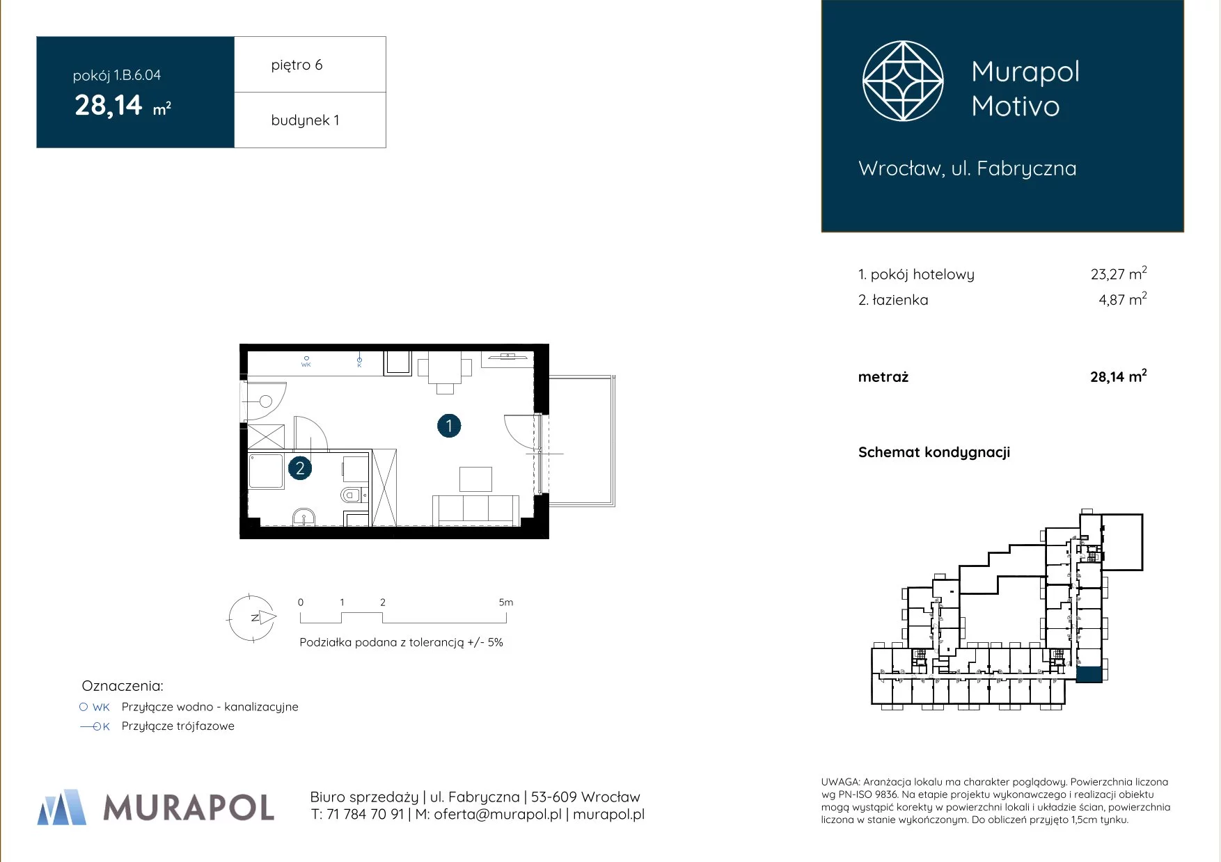 1 pokój, apartament inwestycyjny 28,14 m², piętro 6, oferta nr 1.B.6.04, Murapol Motivo, Wrocław, Muchobór Mały, Fabryczna, ul. Fabryczna