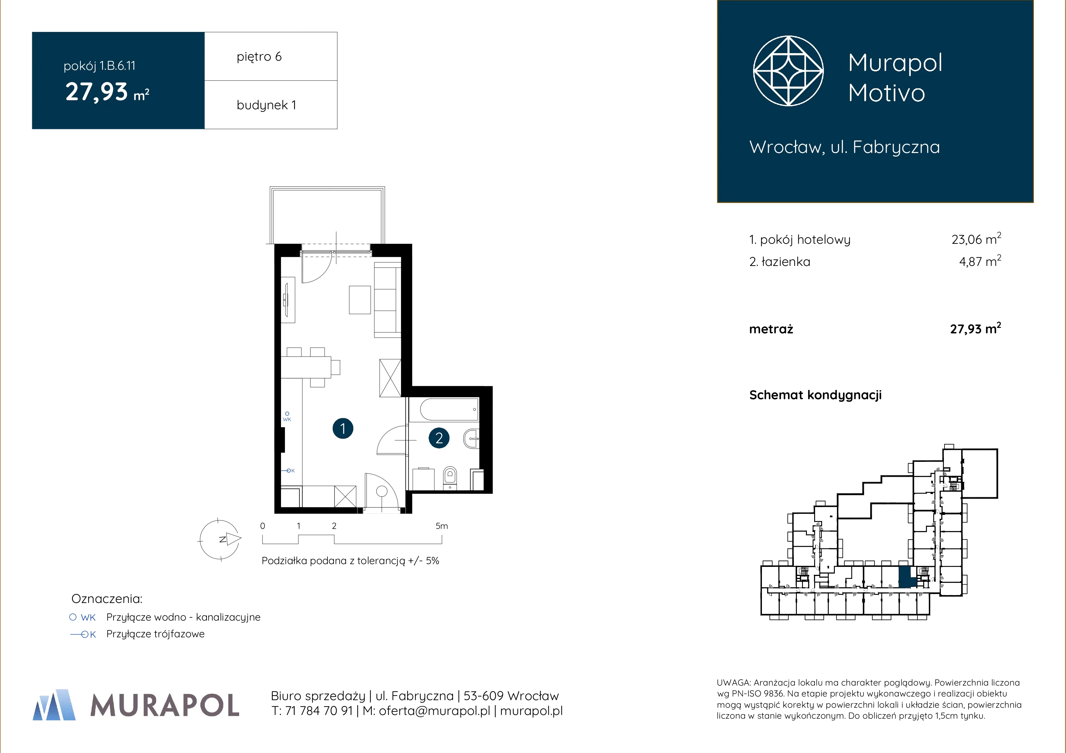 1 pokój, apartament inwestycyjny 27,93 m², piętro 6, oferta nr 1.B.6.11, Murapol Motivo, Wrocław, Muchobór Mały, Fabryczna, ul. Fabryczna