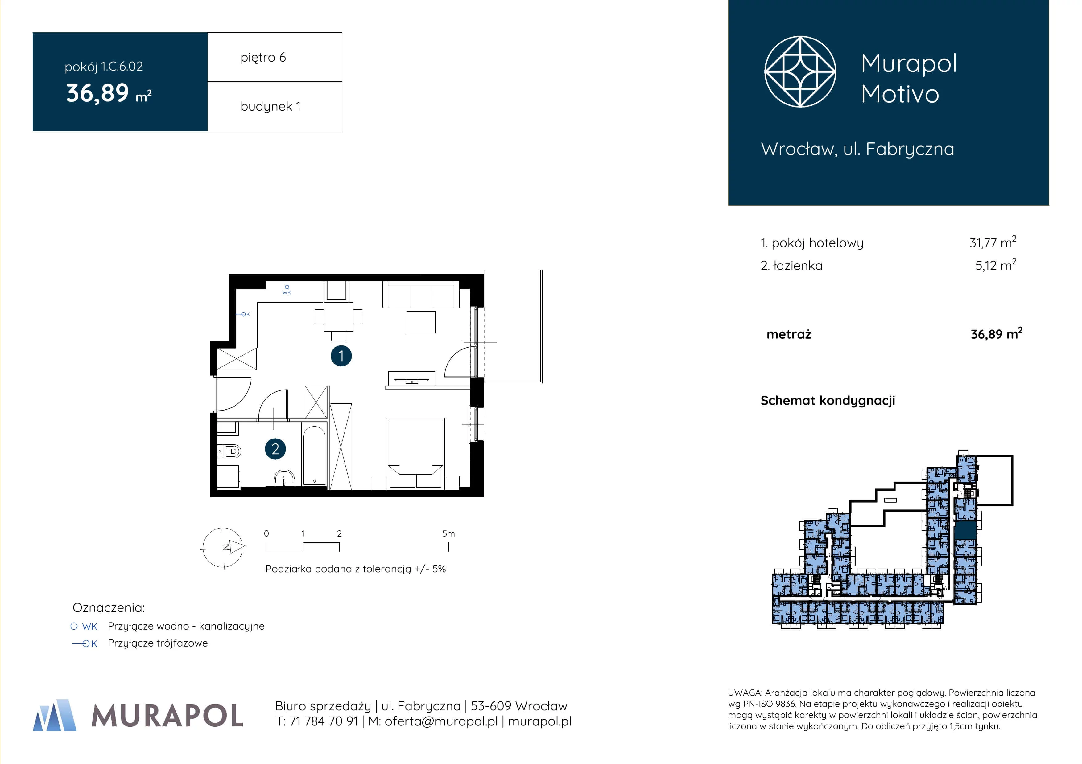 1 pokój, apartament inwestycyjny 36,89 m², piętro 6, oferta nr 1.C.6.02, Murapol Motivo, Wrocław, Muchobór Mały, Fabryczna, ul. Fabryczna