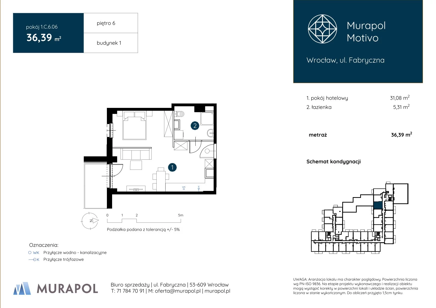 1 pokój, apartament inwestycyjny 36,39 m², piętro 6, oferta nr 1.C.6.06, Murapol Motivo, Wrocław, Muchobór Mały, Fabryczna, ul. Fabryczna