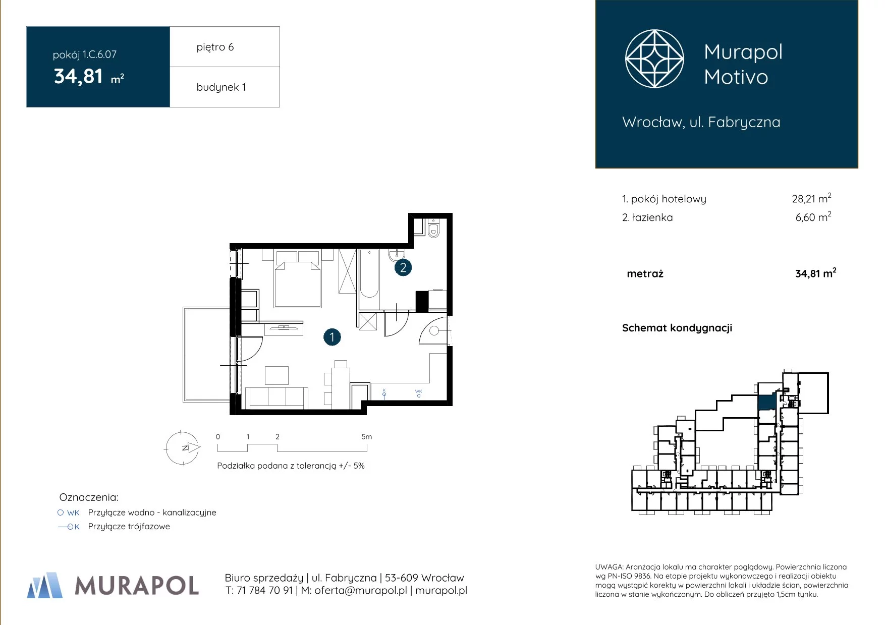 1 pokój, apartament inwestycyjny 34,81 m², piętro 6, oferta nr 1.C.6.07, Murapol Motivo, Wrocław, Muchobór Mały, Fabryczna, ul. Fabryczna