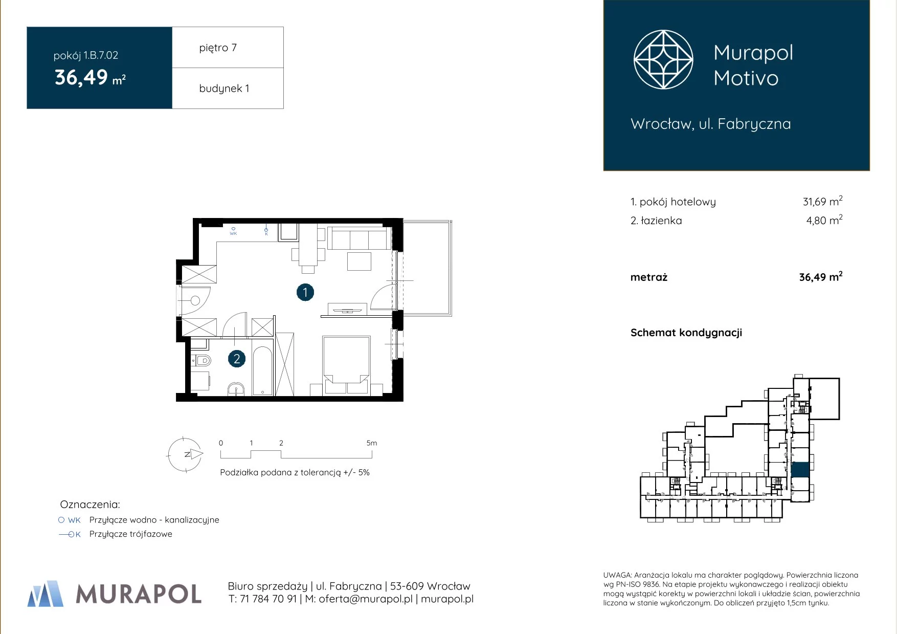 1 pokój, apartament inwestycyjny 36,49 m², piętro 7, oferta nr 1.B.7.02, Murapol Motivo, Wrocław, Muchobór Mały, Fabryczna, ul. Fabryczna