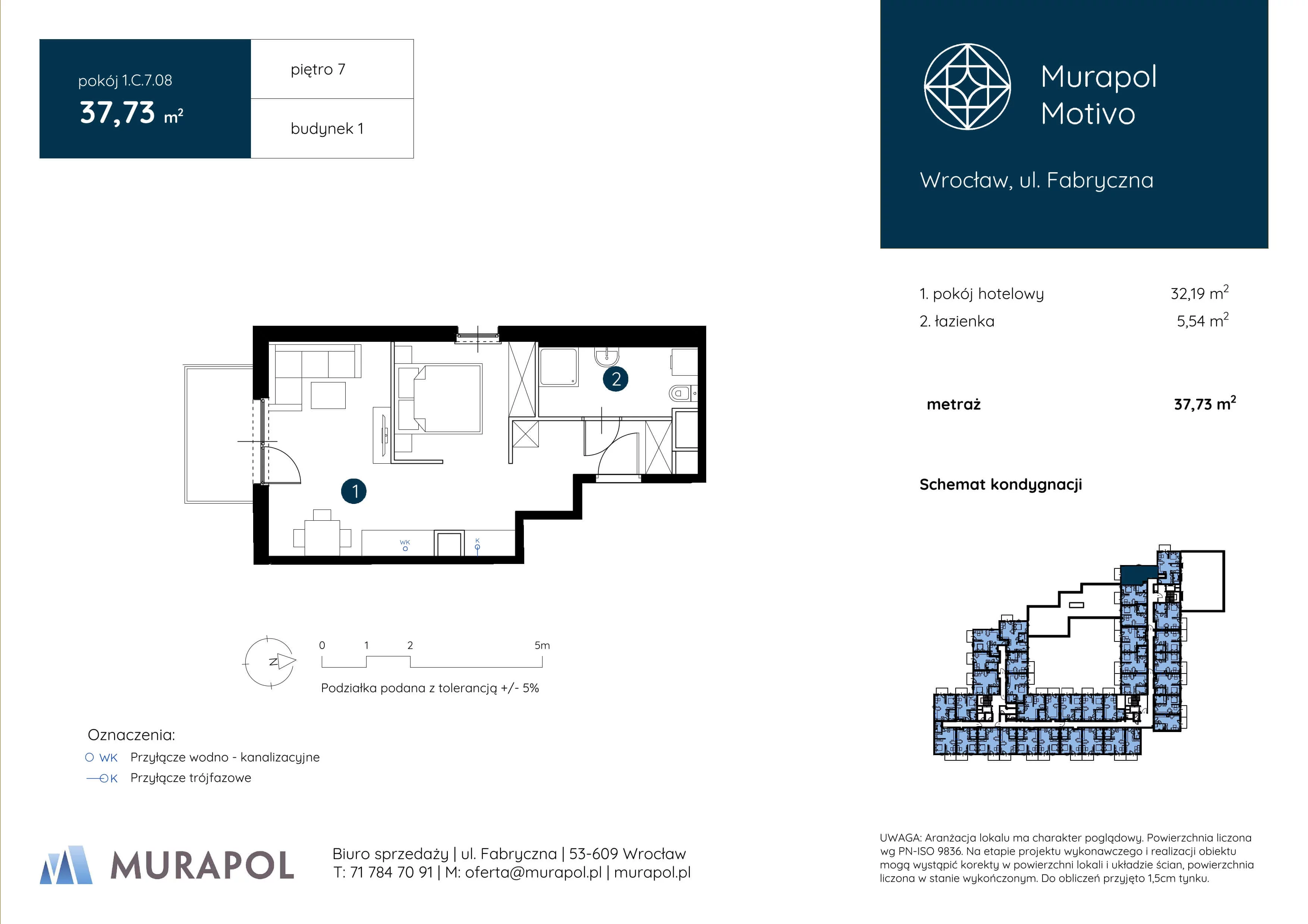 1 pokój, apartament inwestycyjny 37,73 m², piętro 7, oferta nr 1.C.7.08, Murapol Motivo, Wrocław, Muchobór Mały, Fabryczna, ul. Fabryczna