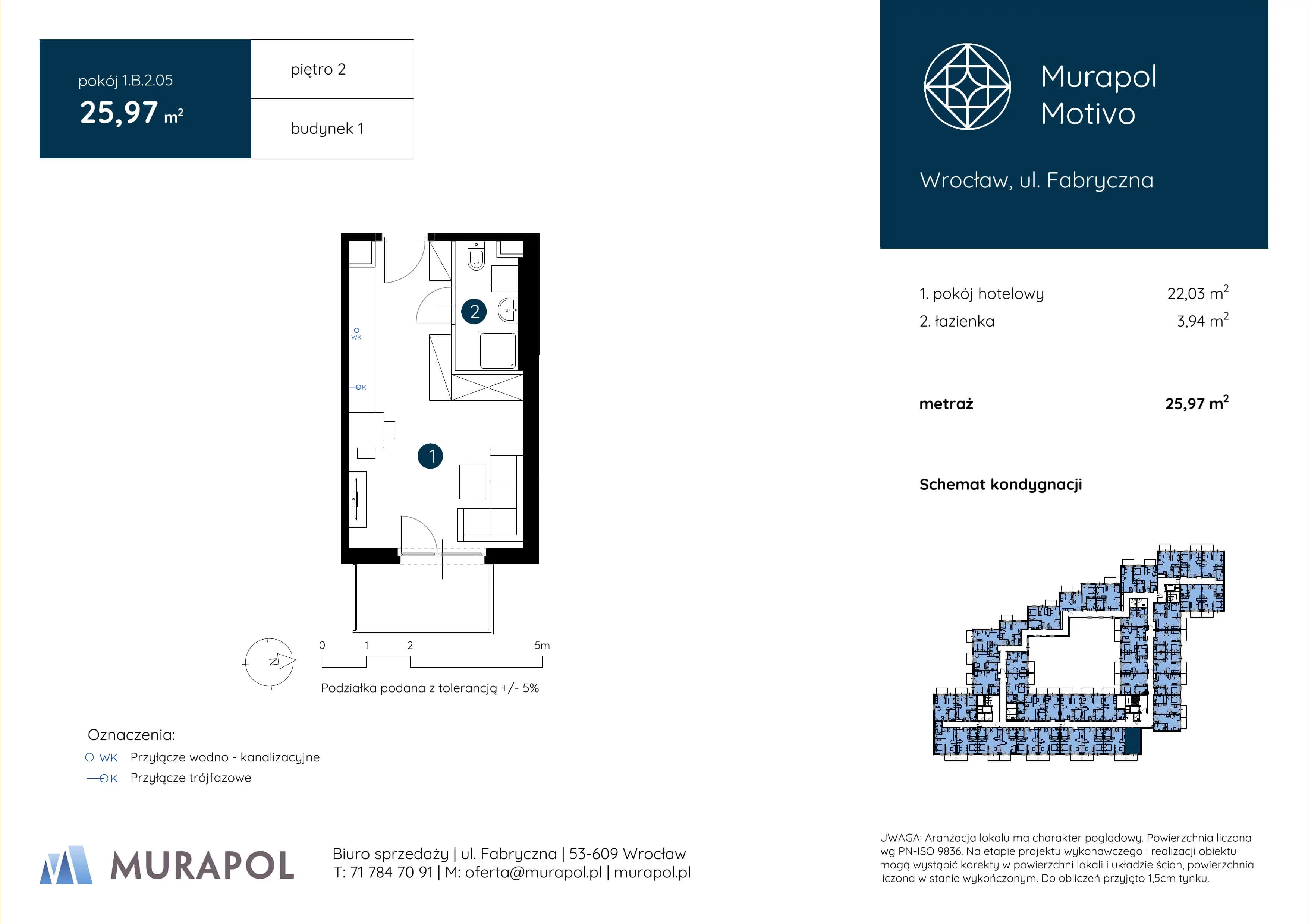 1 pokój, mieszkanie 25,97 m², piętro 2, oferta nr 1.B.2.05, Murapol Motivo, Wrocław, Muchobór Mały, Fabryczna, ul. Fabryczna