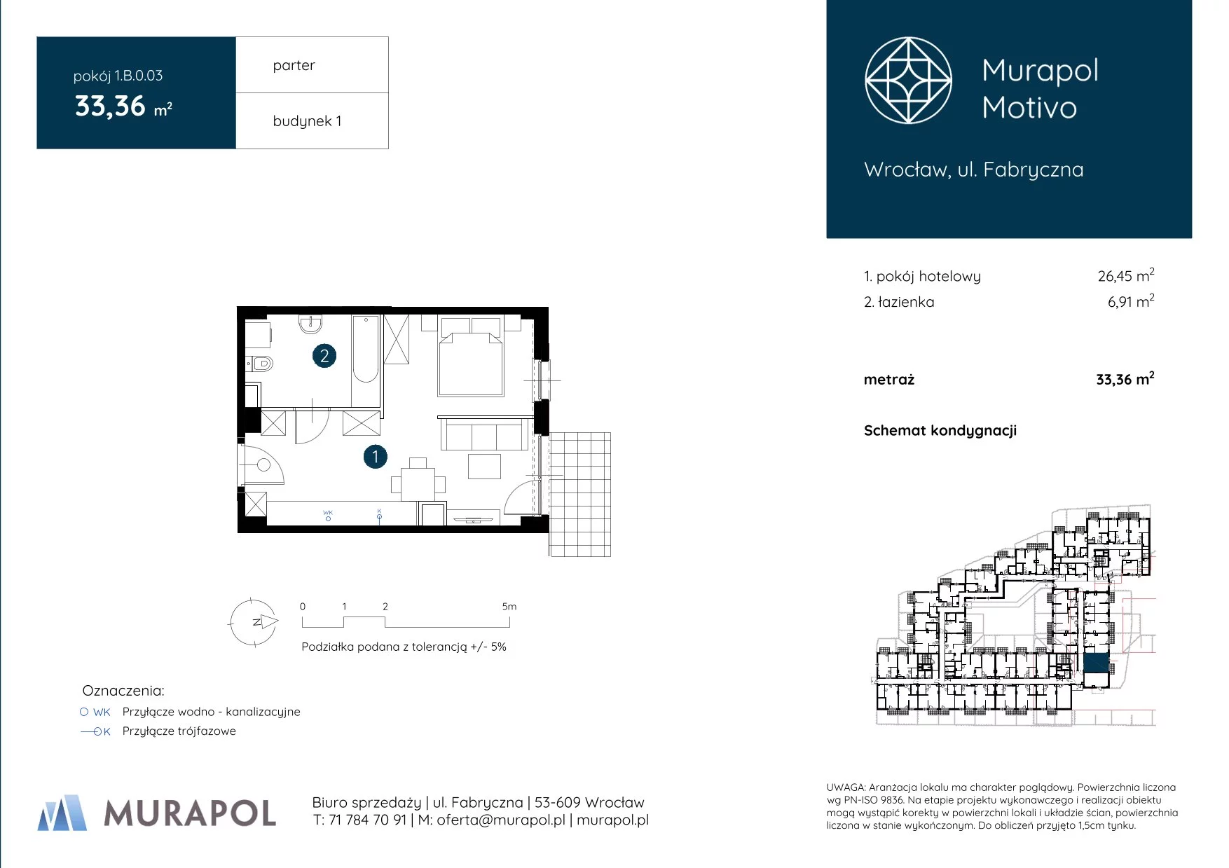 1 pokój, apartament inwestycyjny 33,36 m², parter, oferta nr 1.B.0.03, Murapol Motivo, Wrocław, Muchobór Mały, Fabryczna, ul. Fabryczna
