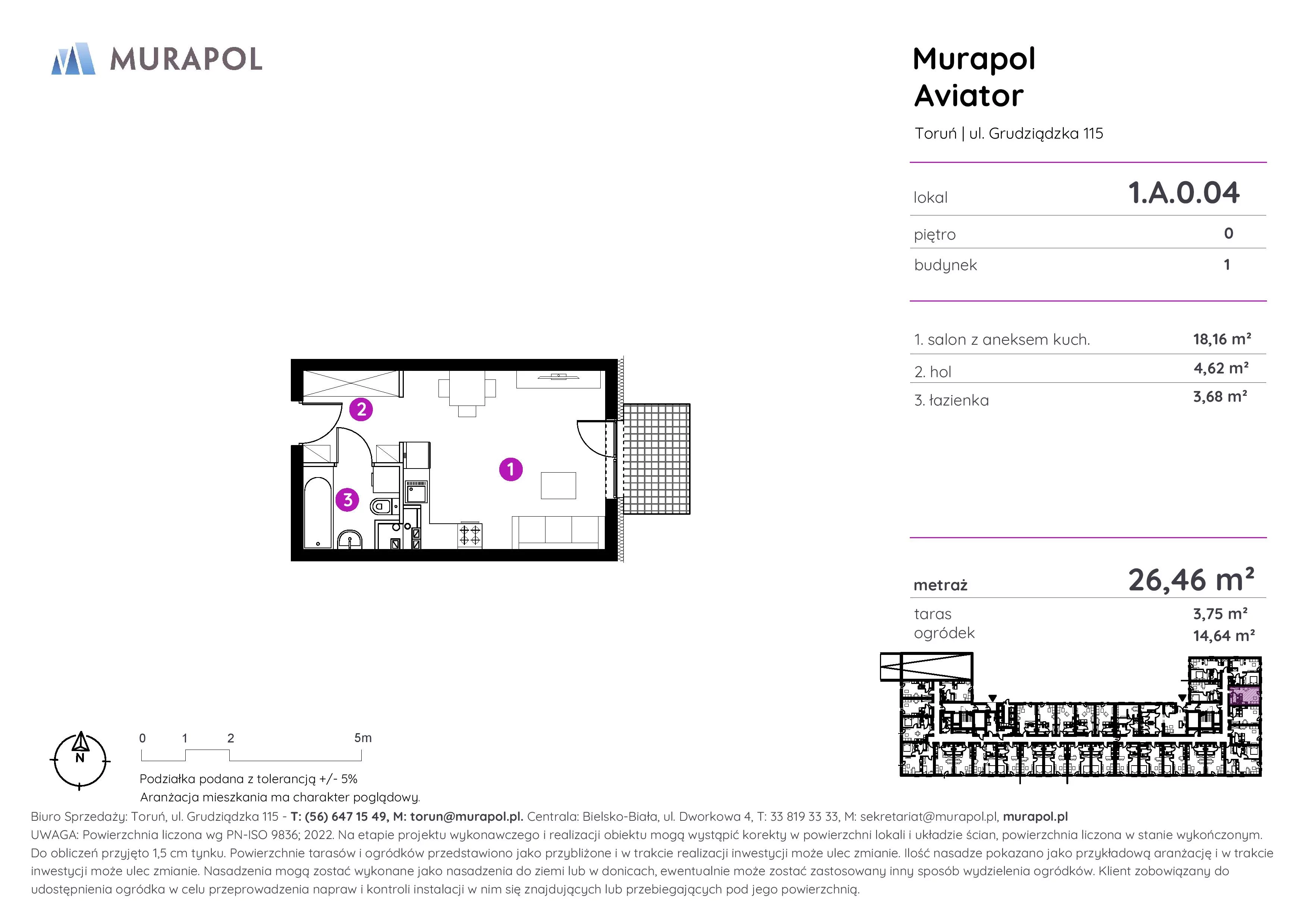 1 pokój, apartament inwestycyjny 26,46 m², parter, oferta nr 1.A.0.04, Murapol Aviator, Toruń, Koniuchy, ul. Grudziądzka