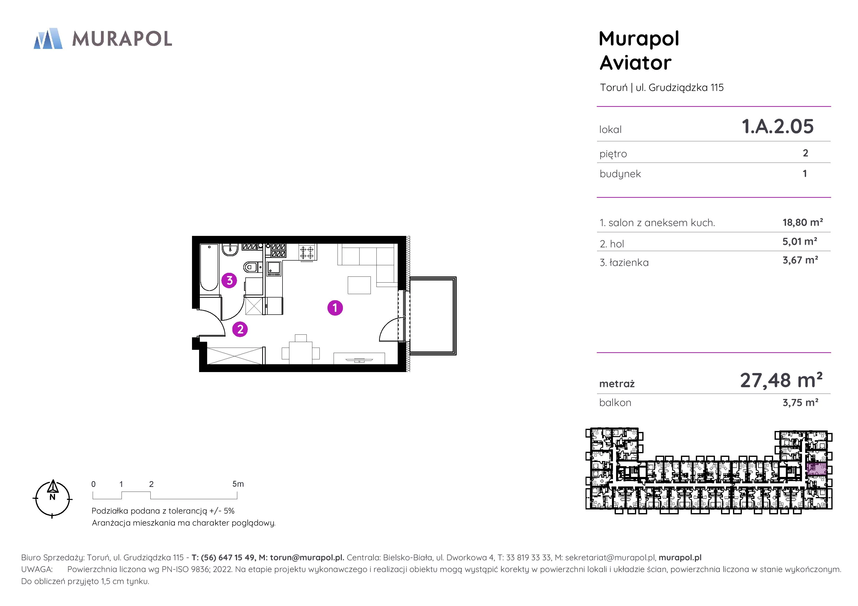 Apartament inwestycyjny 27,48 m², piętro 2, oferta nr 1.A.2.05, Murapol Aviator, Toruń, Koniuchy, ul. Grudziądzka