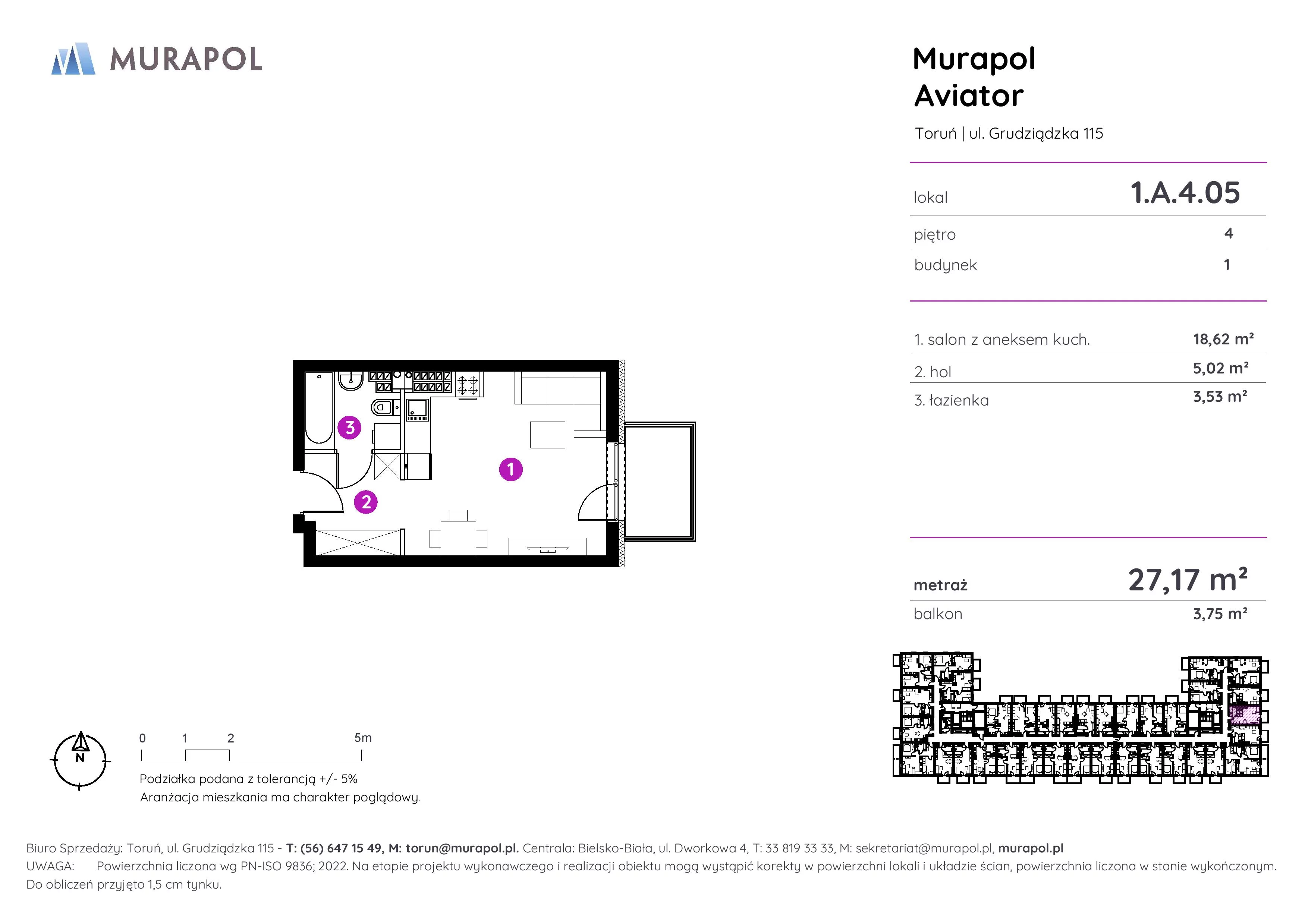 Apartament inwestycyjny 27,17 m², piętro 4, oferta nr 1.A.4.05, Murapol Aviator, Toruń, Koniuchy, ul. Grudziądzka