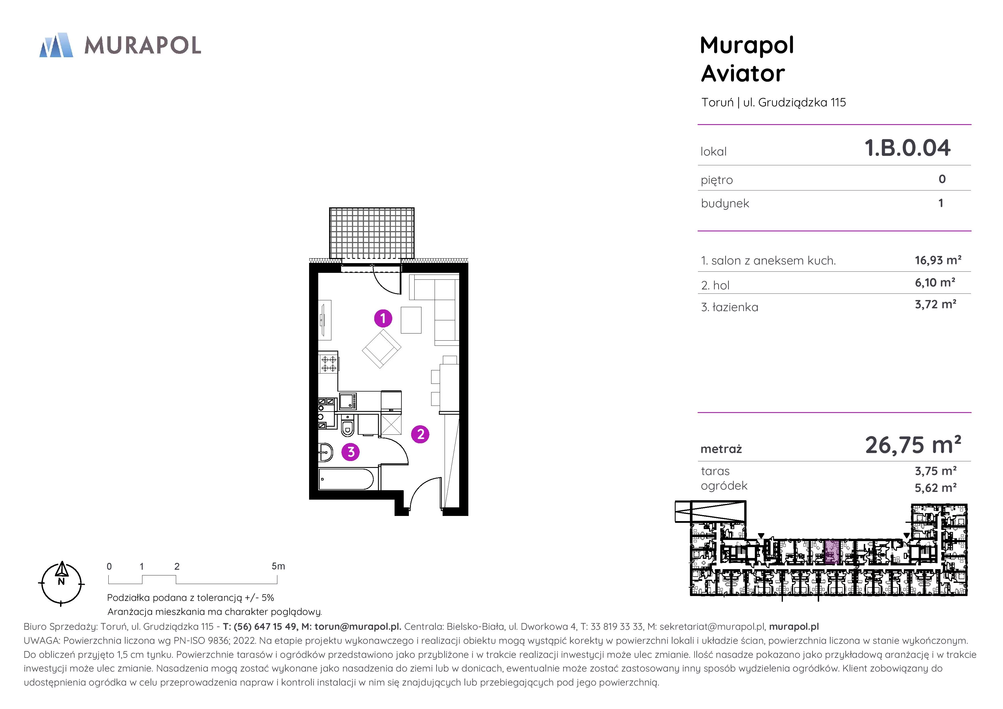 1 pokój, apartament inwestycyjny 26,75 m², parter, oferta nr 1.B.0.04, Murapol Aviator, Toruń, Koniuchy, ul. Grudziądzka