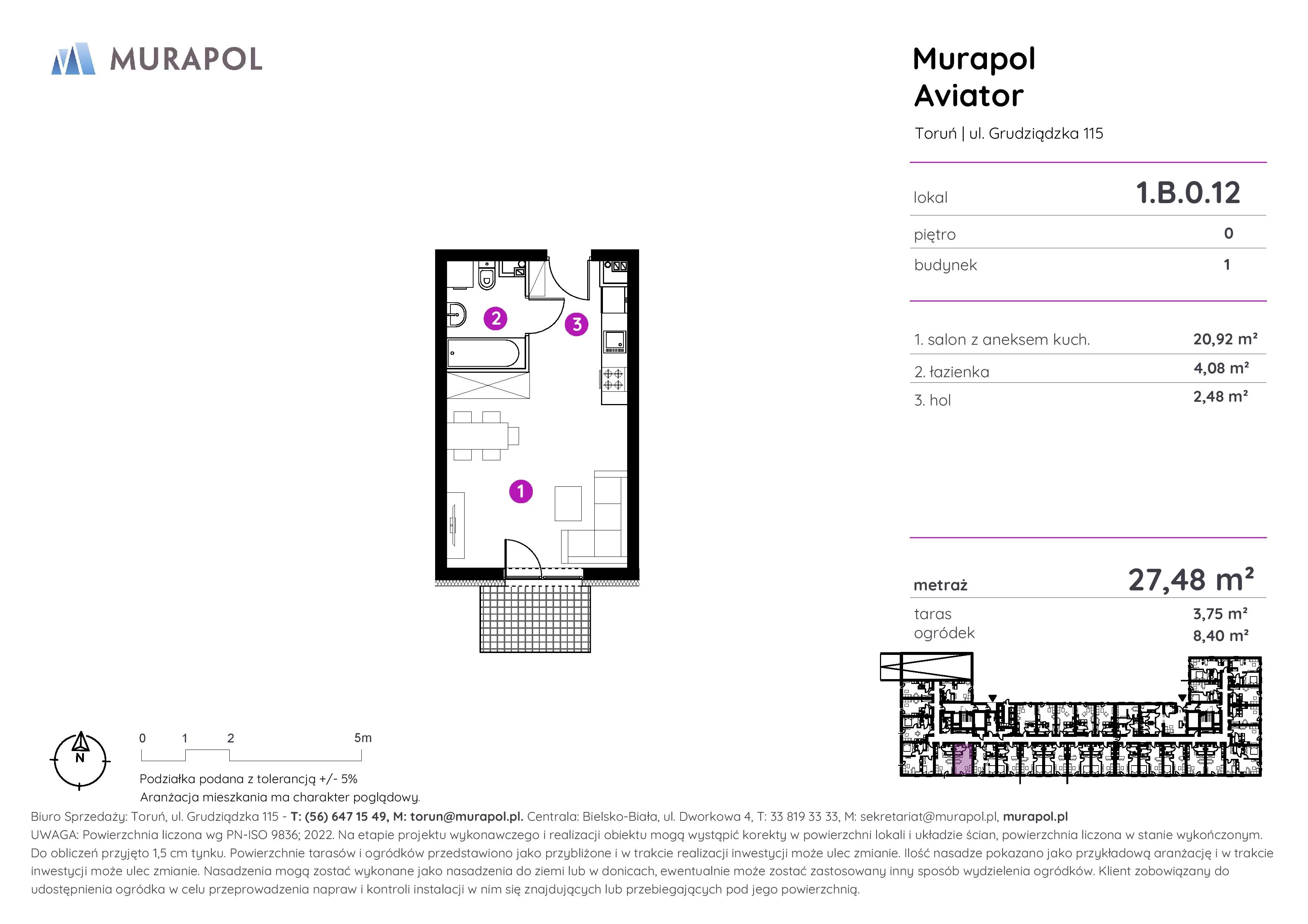 Apartament inwestycyjny 27,48 m², parter, oferta nr 1.B.0.12, Murapol Aviator, Toruń, Koniuchy, ul. Grudziądzka