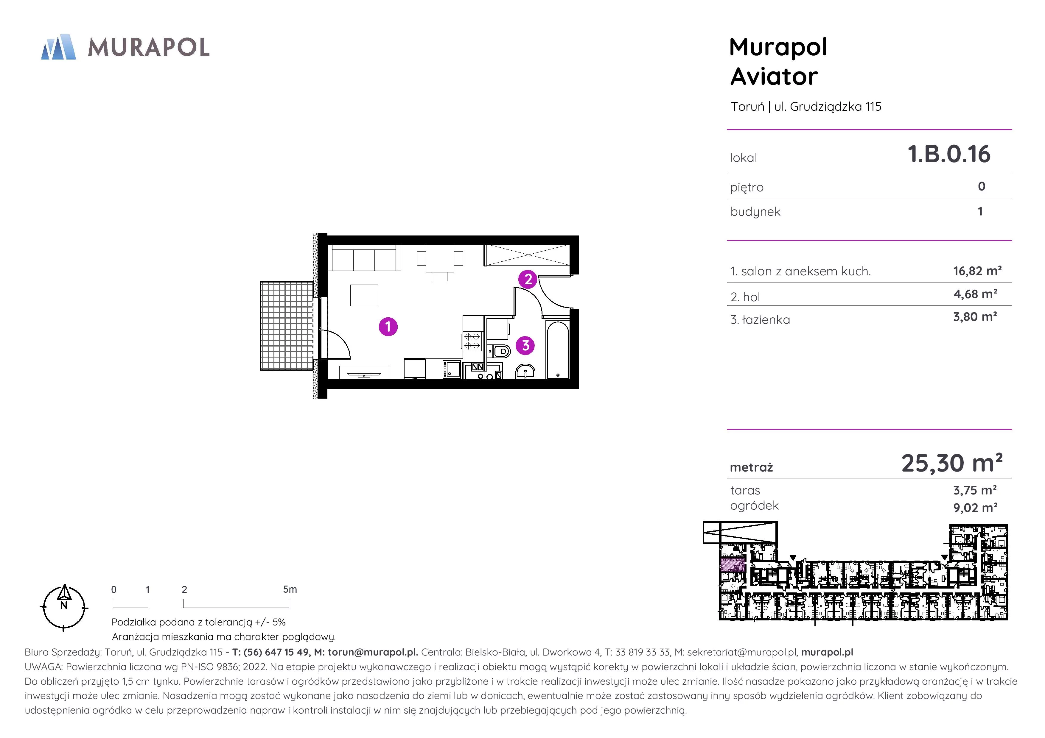 1 pokój, apartament inwestycyjny 25,30 m², parter, oferta nr 1.B.0.16, Murapol Aviator, Toruń, Koniuchy, ul. Grudziądzka