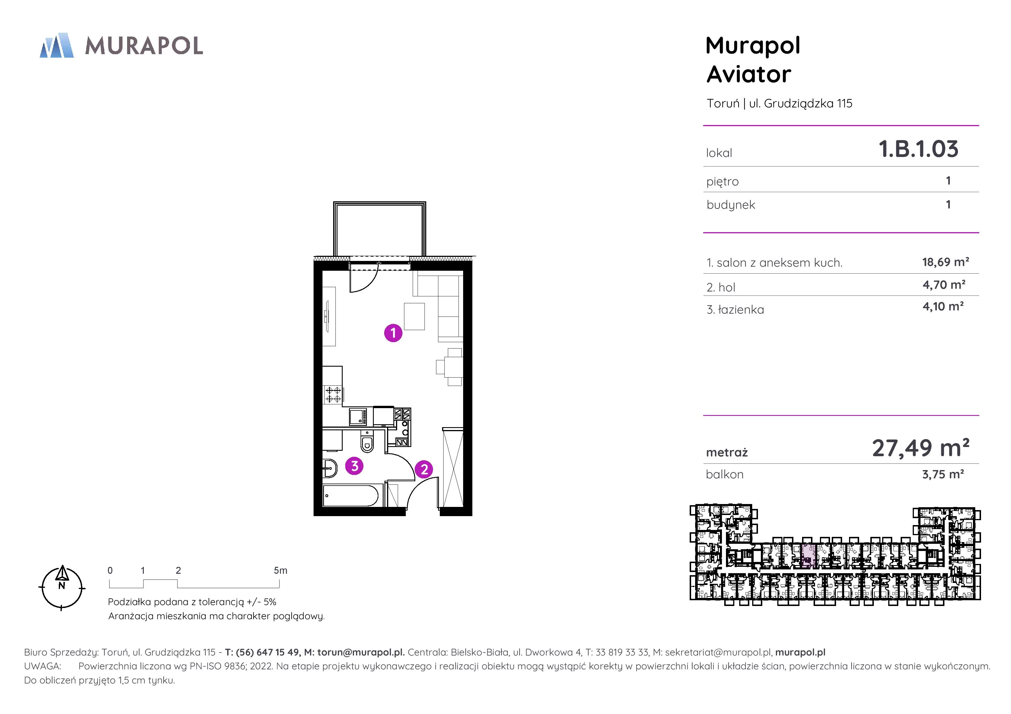 1 pokój, apartament inwestycyjny 27,49 m², piętro 1, oferta nr 1.B.1.03, Murapol Aviator, Toruń, Koniuchy, ul. Grudziądzka