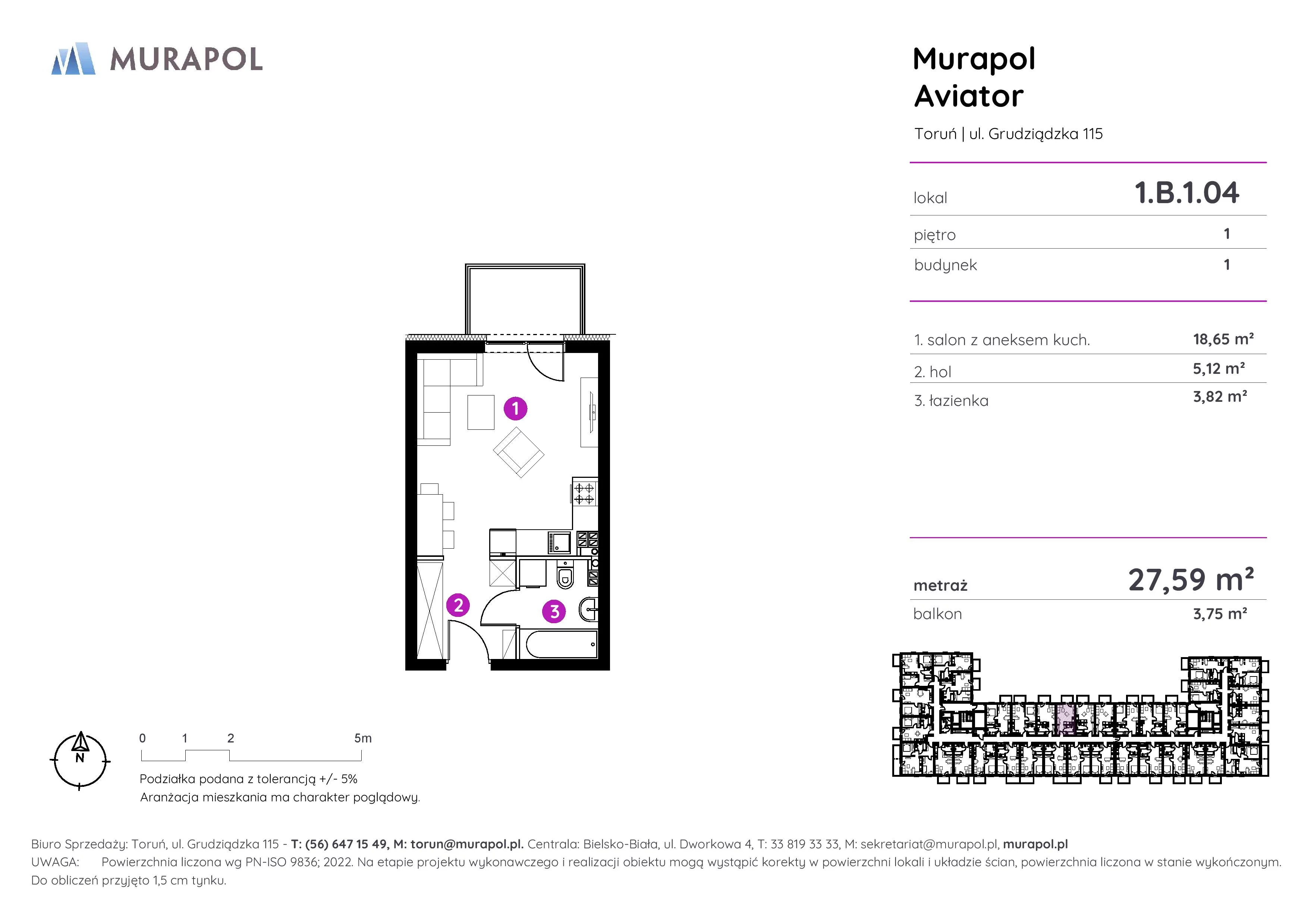 1 pokój, apartament inwestycyjny 27,59 m², piętro 1, oferta nr 1.B.1.04, Murapol Aviator, Toruń, Koniuchy, ul. Grudziądzka