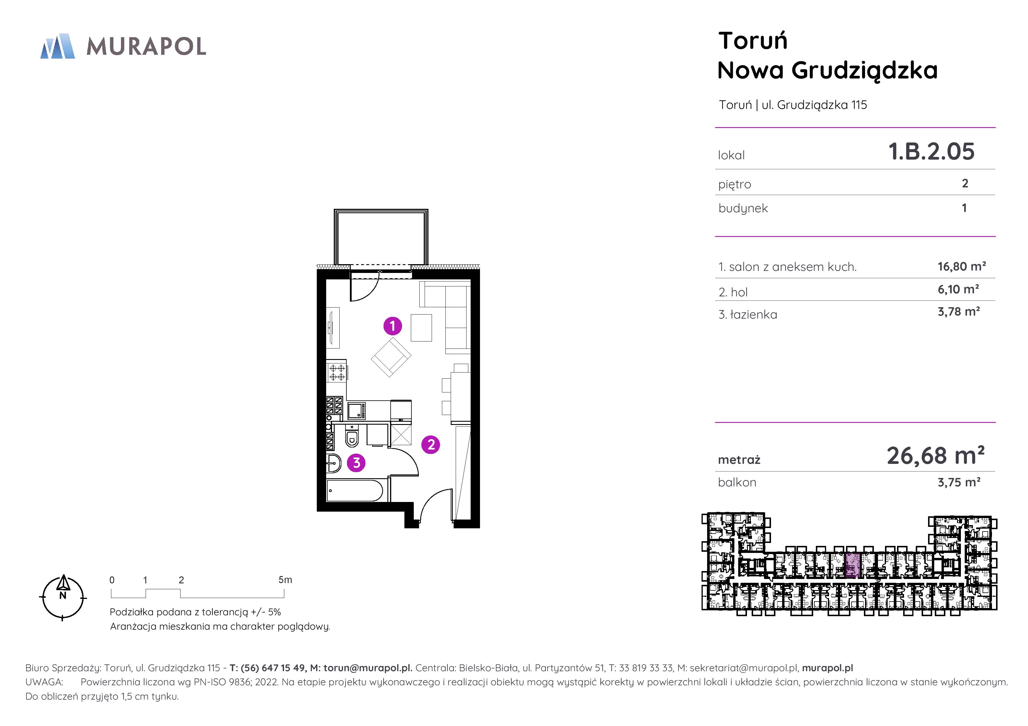 Apartament inwestycyjny 26,68 m², piętro 2, oferta nr 1.B.2.05, Murapol Aviator, Toruń, Koniuchy, ul. Grudziądzka