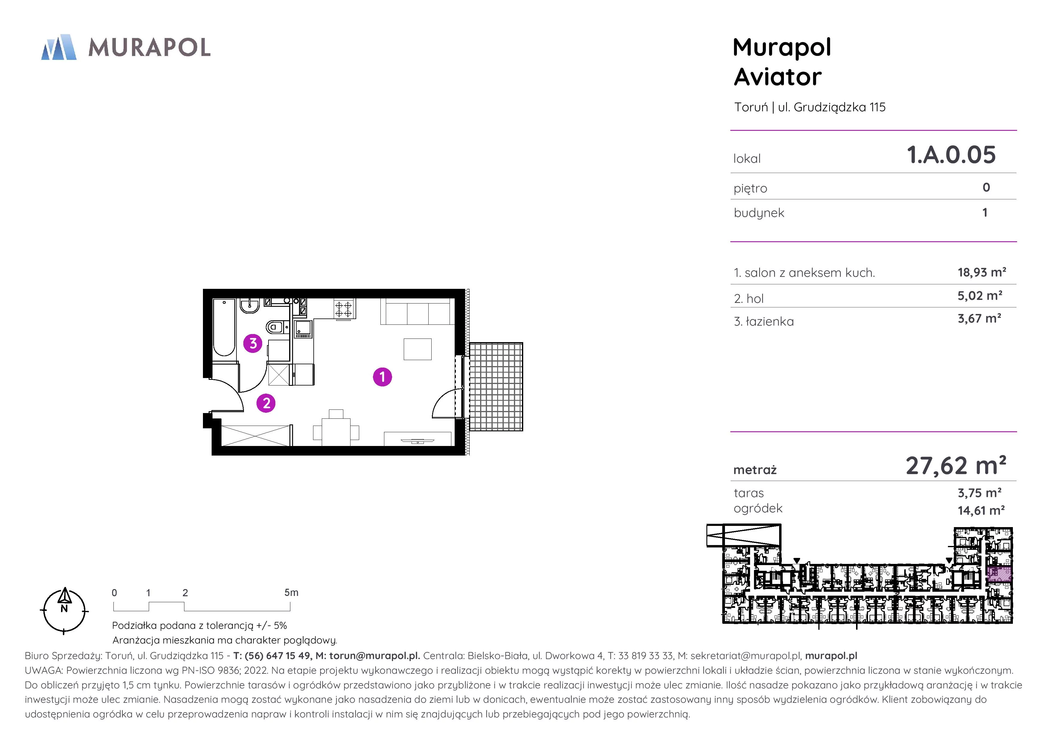 1 pokój, apartament inwestycyjny 27,62 m², parter, oferta nr 1.A.0.05, Murapol Aviator, Toruń, Koniuchy, ul. Grudziądzka