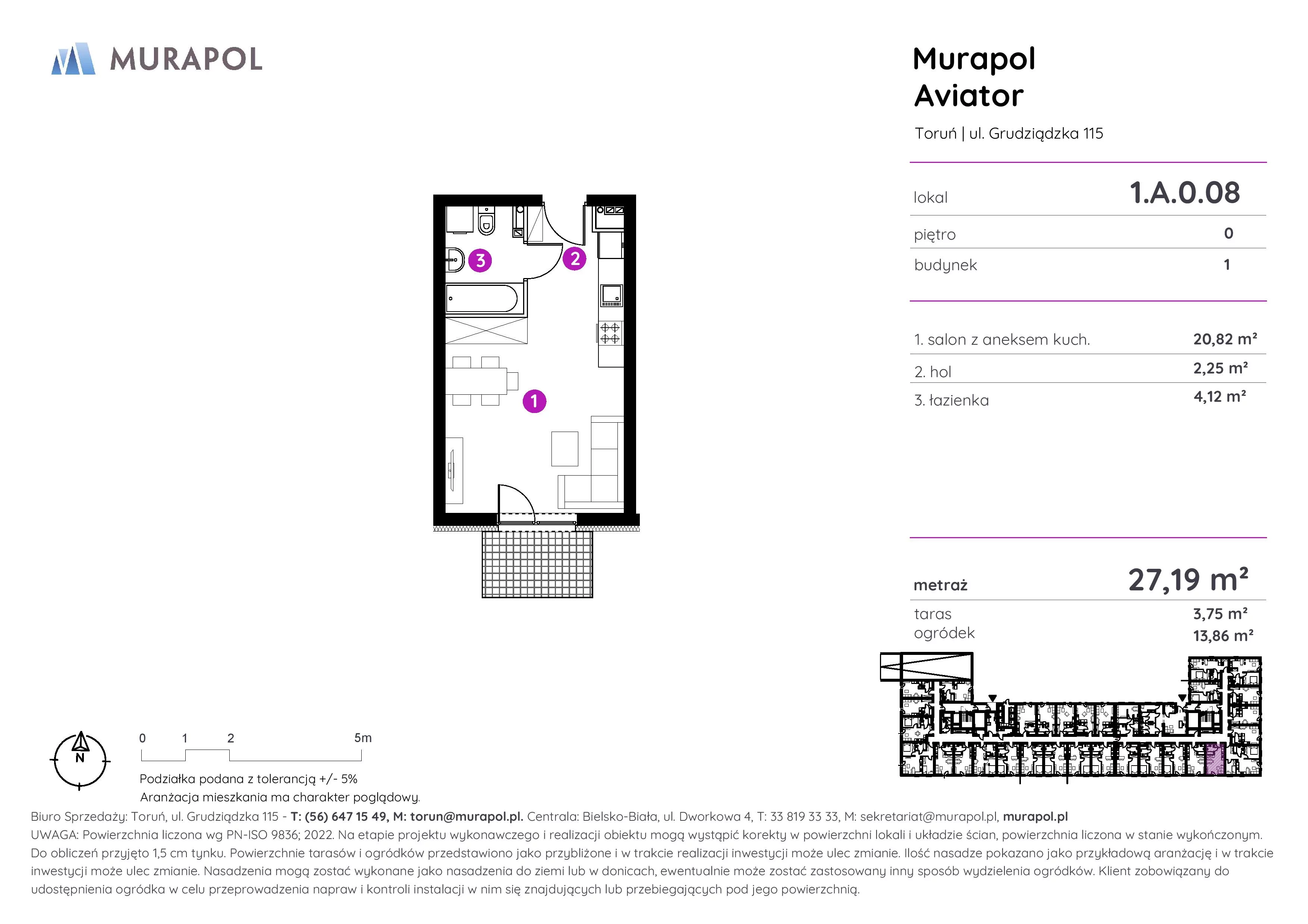 1 pokój, apartament inwestycyjny 27,19 m², parter, oferta nr 1.A.0.08, Murapol Aviator, Toruń, Koniuchy, ul. Grudziądzka