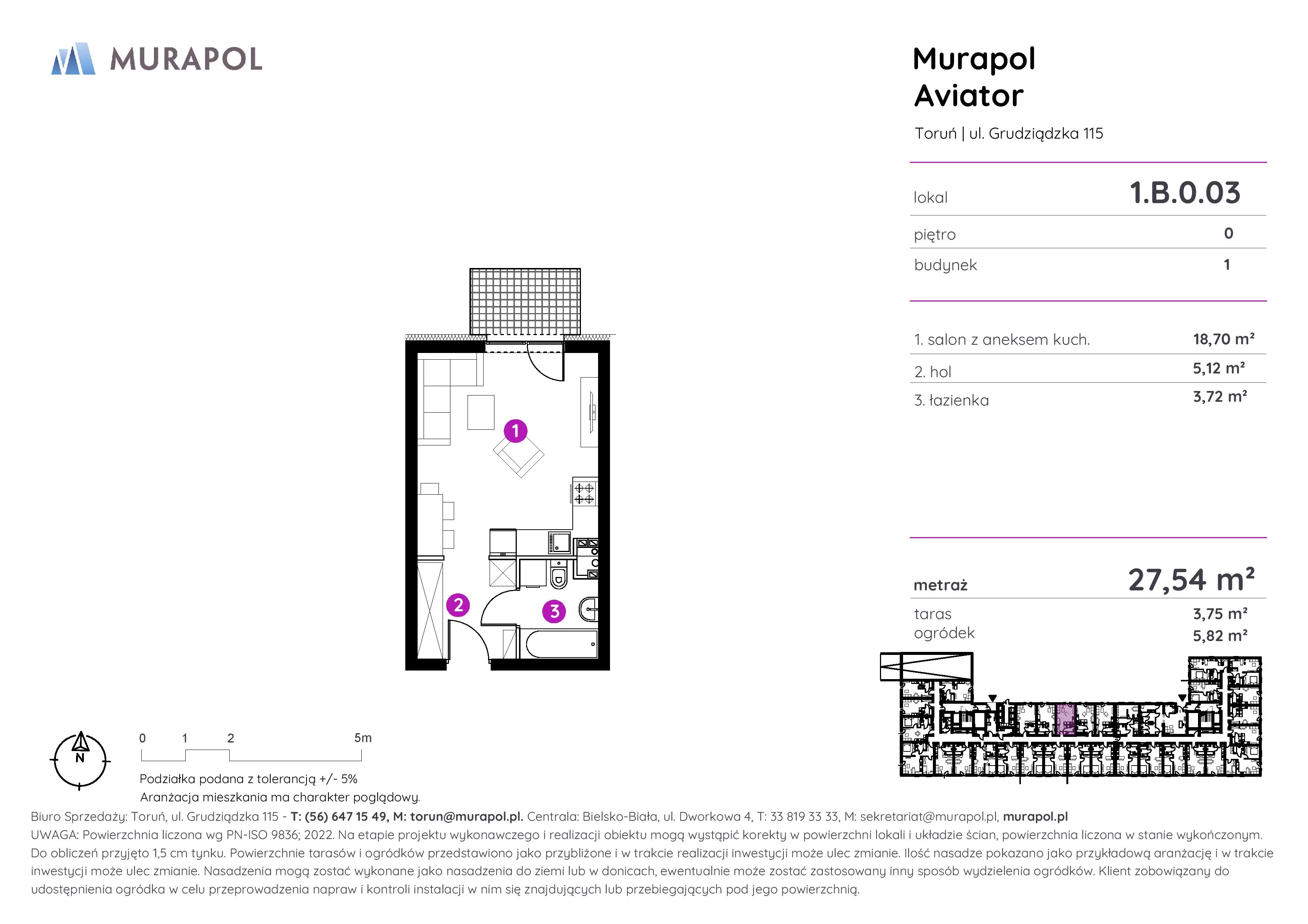 1 pokój, apartament inwestycyjny 27,54 m², parter, oferta nr 1.B.0.03, Murapol Aviator, Toruń, Koniuchy, ul. Grudziądzka