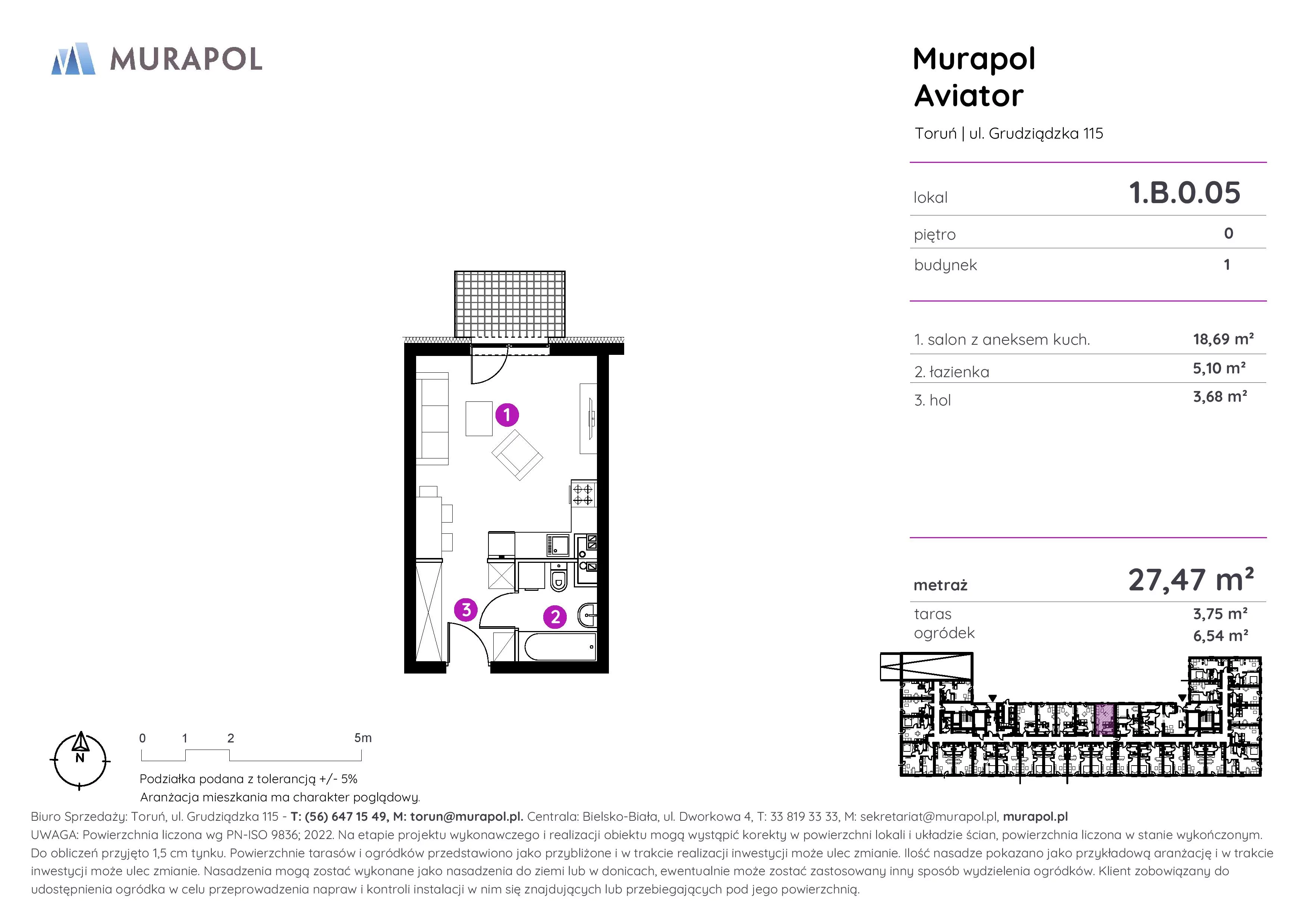 1 pokój, apartament inwestycyjny 27,47 m², parter, oferta nr 1.B.0.05, Murapol Aviator, Toruń, Koniuchy, ul. Grudziądzka