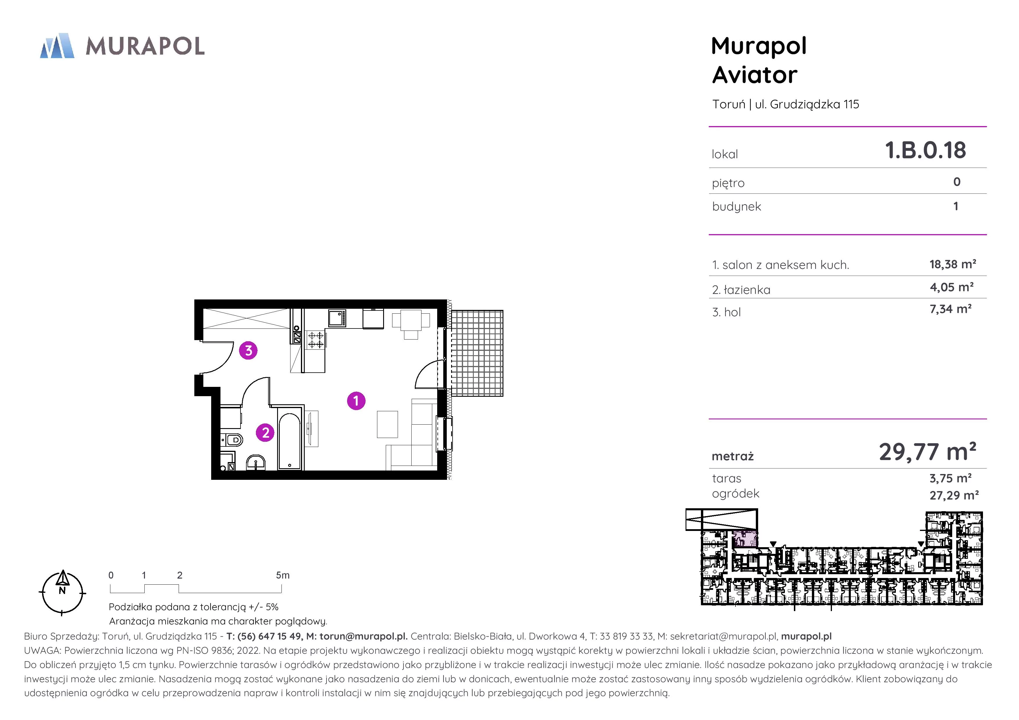 1 pokój, apartament inwestycyjny 29,77 m², parter, oferta nr 1.B.0.18, Murapol Aviator, Toruń, Koniuchy, ul. Grudziądzka