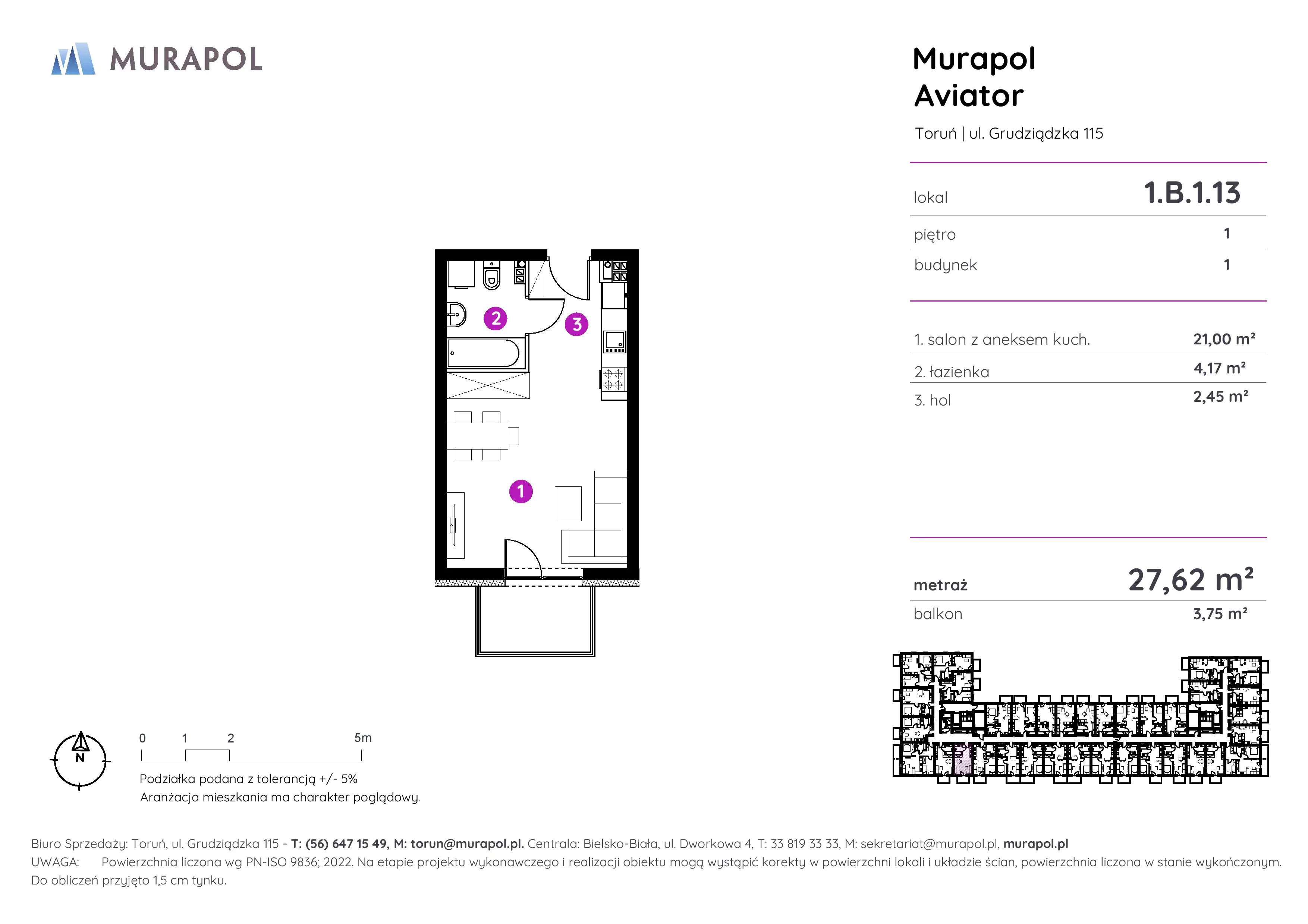1 pokój, apartament inwestycyjny 27,62 m², piętro 1, oferta nr 1.B.1.13, Murapol Aviator, Toruń, Koniuchy, ul. Grudziądzka
